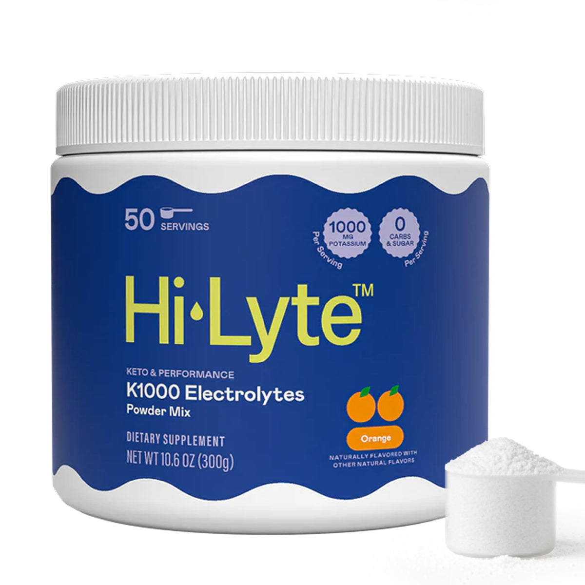 Hi-Lyte envase K1000 frontal mostrando 50 servicios y beneficio de alto potasio