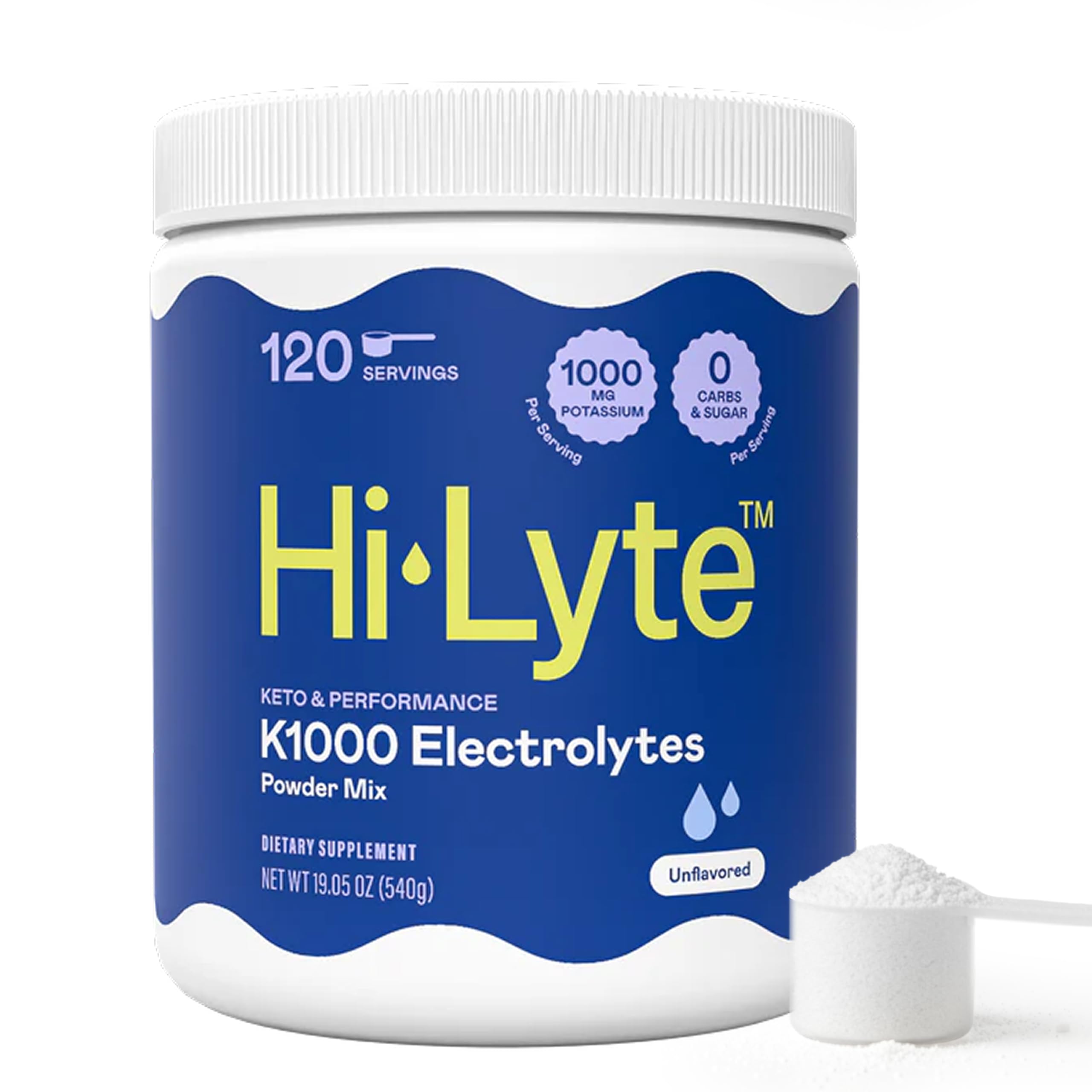 Hi-Lyte envase K1000 frontal, presentación clara y beneficios de potasio