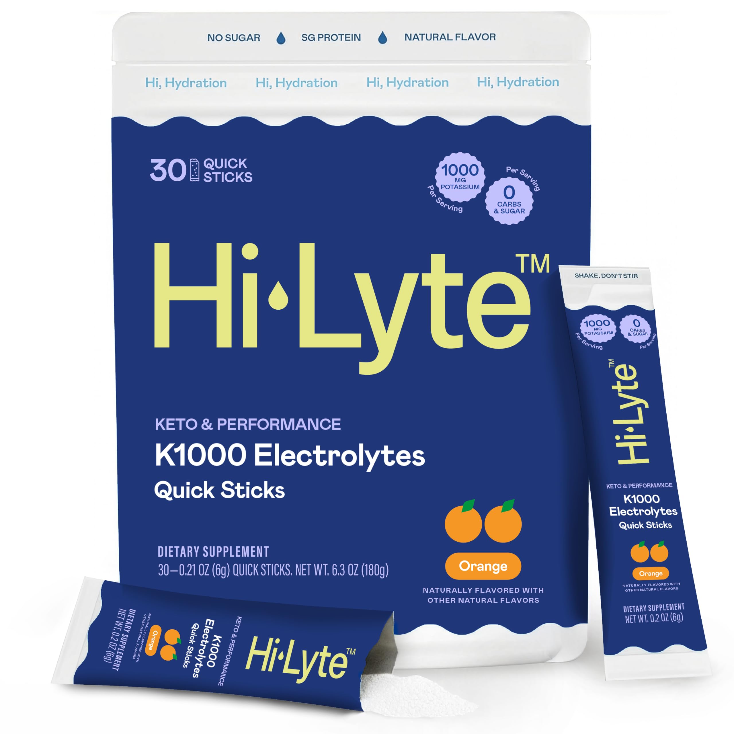 Hi-Lyte frente del paquete mostrando 30 sobres y sabor naranja, práctico para llevar