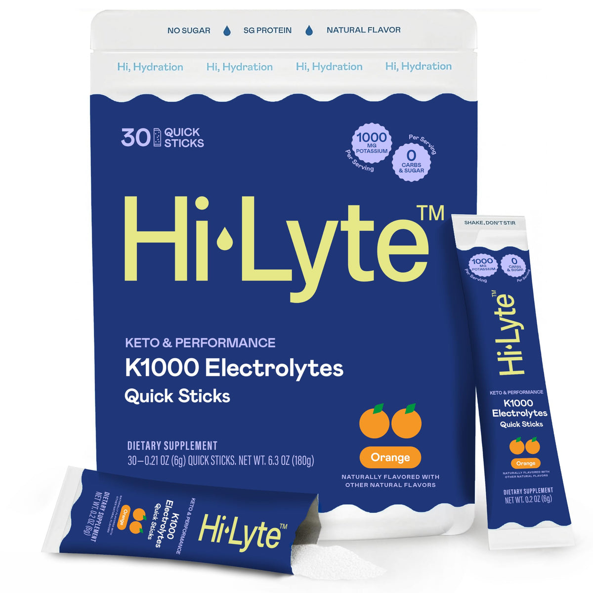 Hi-Lyte frente del paquete mostrando 30 sobres y sabor naranja, práctico para llevar