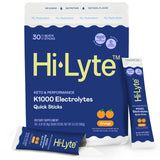 Hi-Lyte frente del paquete mostrando 30 sobres y sabor naranja, práctico para llevar