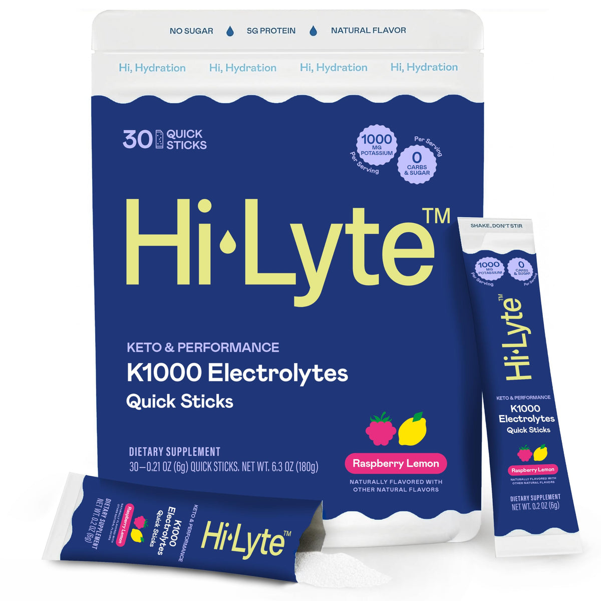 Hi-Lyte empaque frontal mostrando 30 sobres y beneficio de potasio