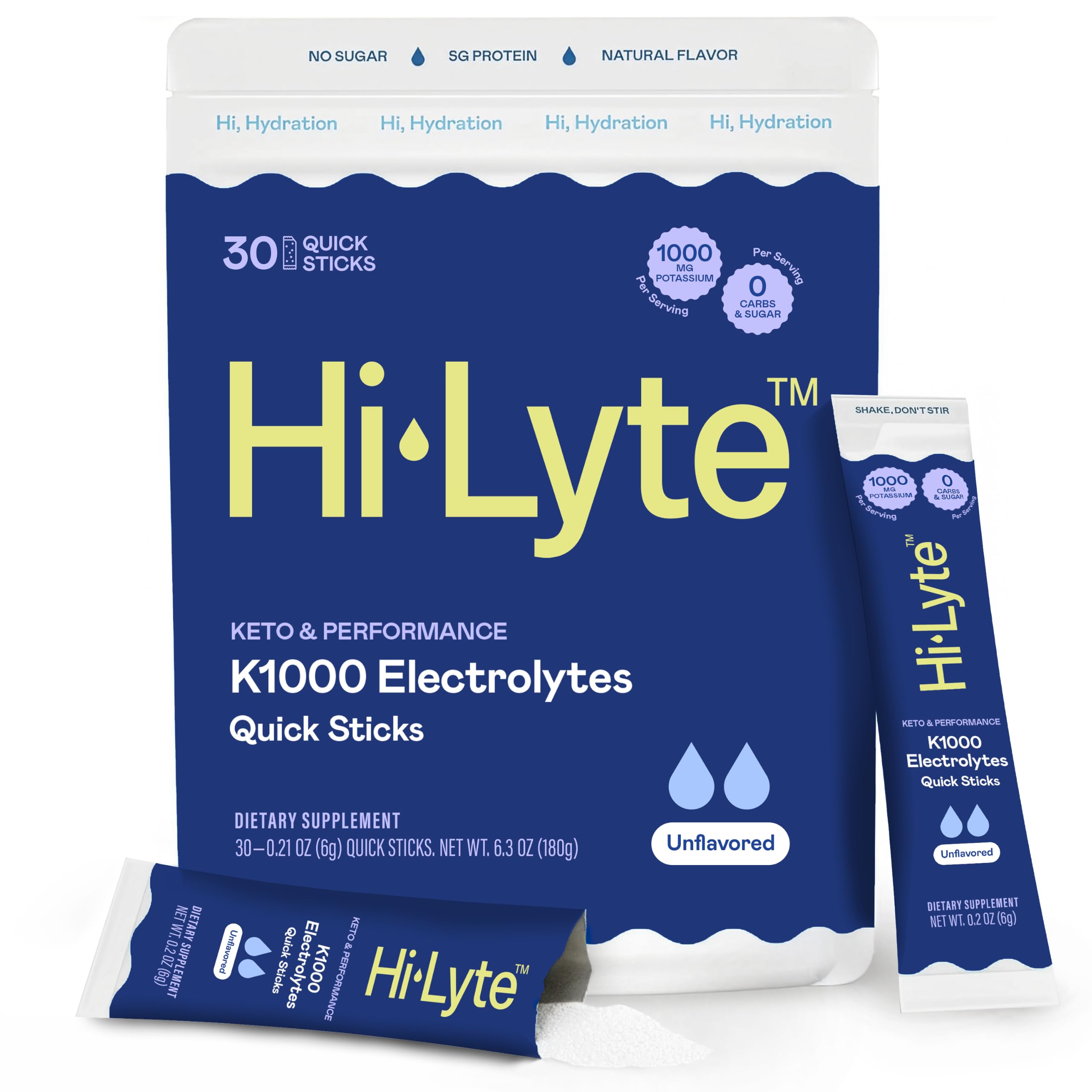 Hi-Lyte empaque frontal mostrando 30 sobres, beneficio: portátil y claro