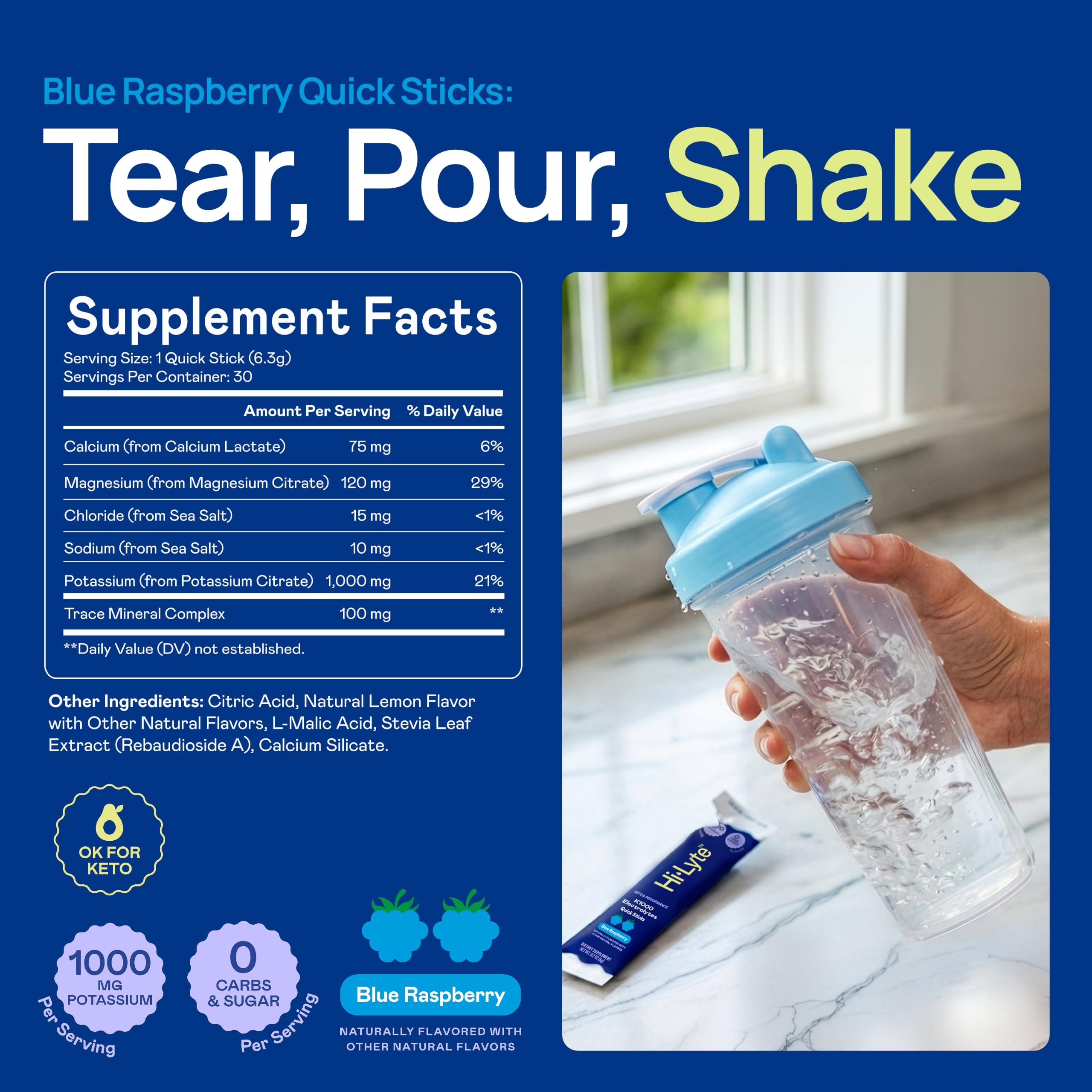 Hi-Lyte vaso con bebida azul raspberry listo para beber, hidratación práctica