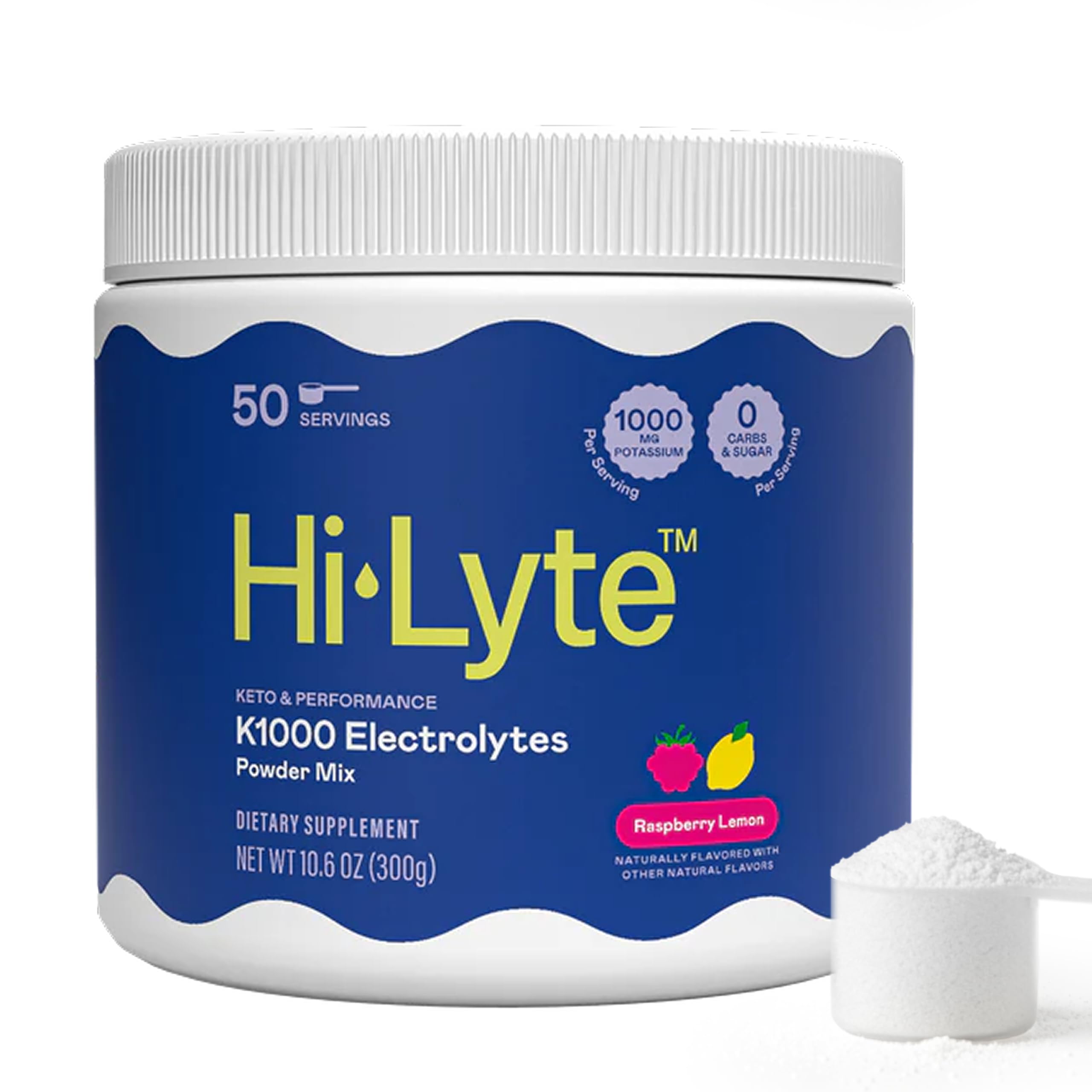 Hi-Lyte envase Keto K1000 Raspberry Lemon mostrando 50 porciones y beneficios