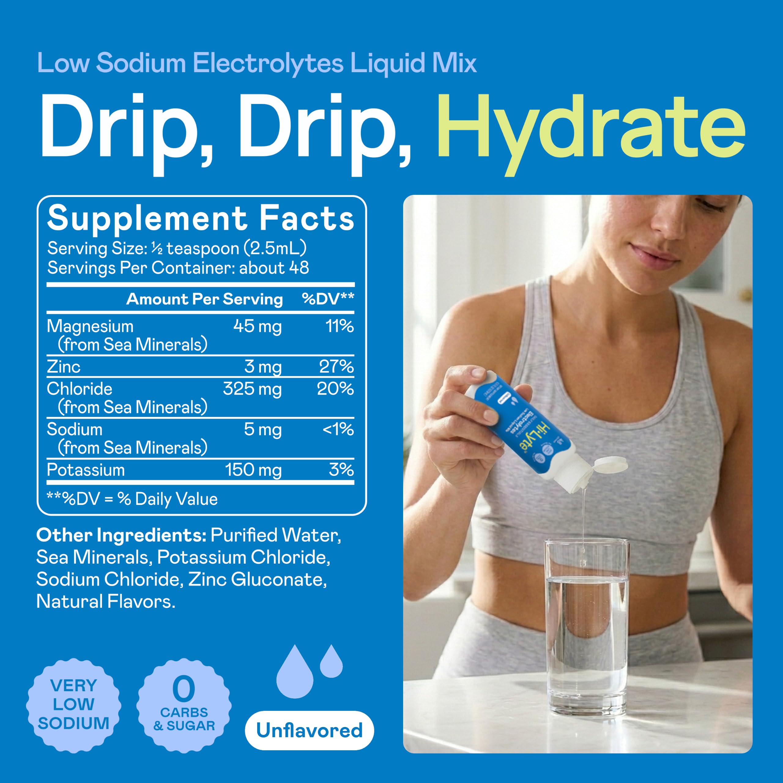 Hi-Lyte gotas mezclándose en agua, muestra hidratación rápida efectiva