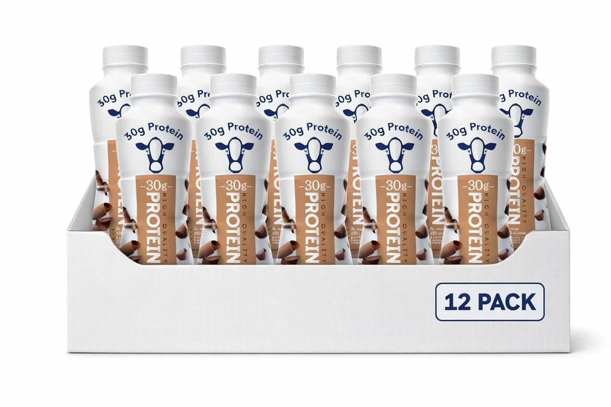 Generic high protein chocolate frontal del envase mostrando botella y beneficio proteico