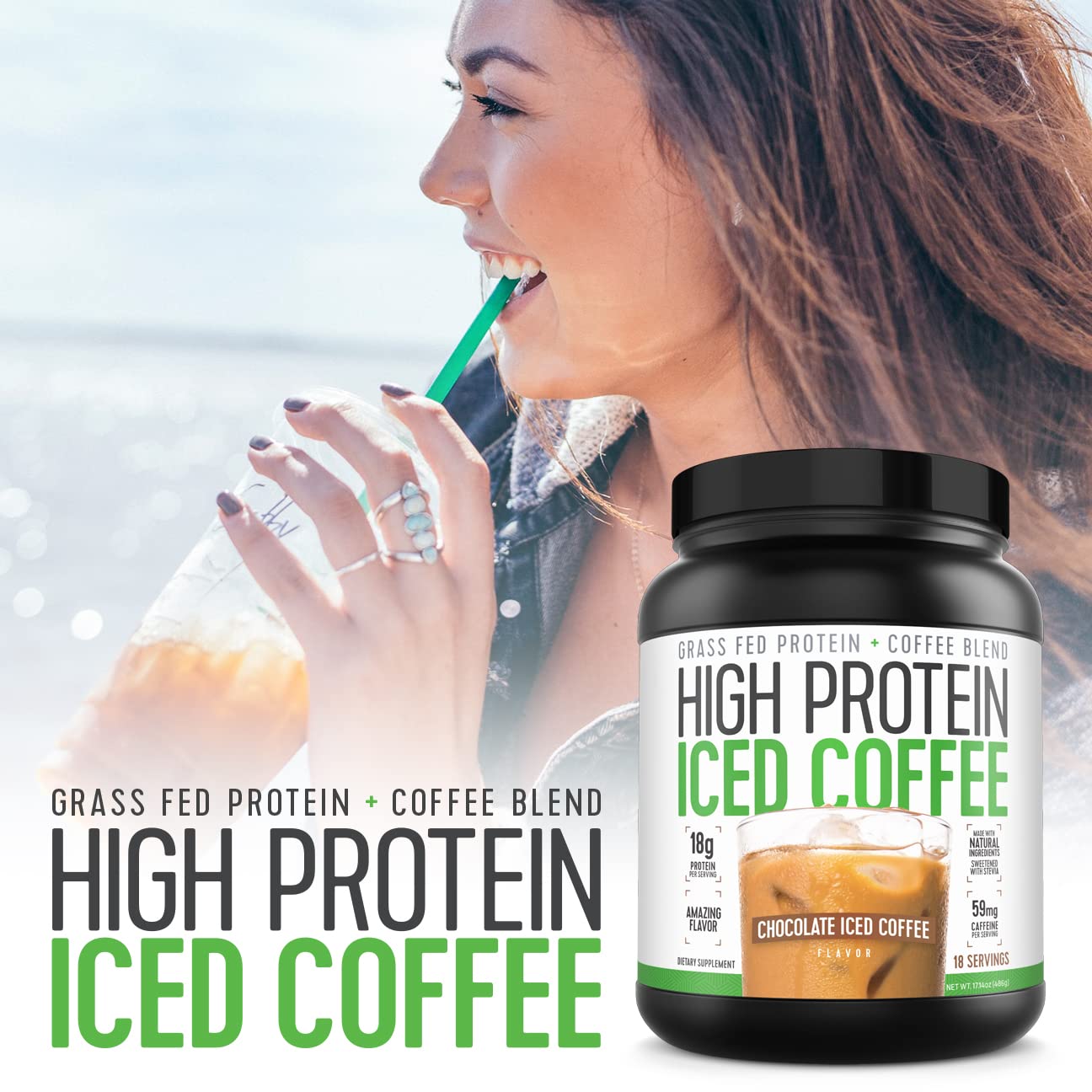 High Protein Iced Coffee etiqueta de ingredientes resaltando suero y stevia