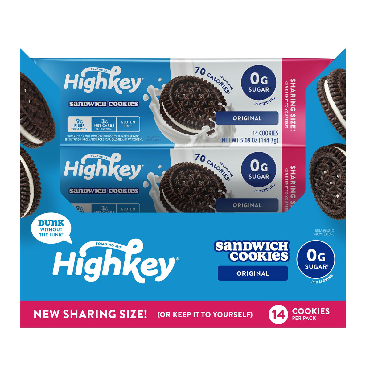 HighKey paquete frontal mostrando galletas y beneficios bajos en azúcar