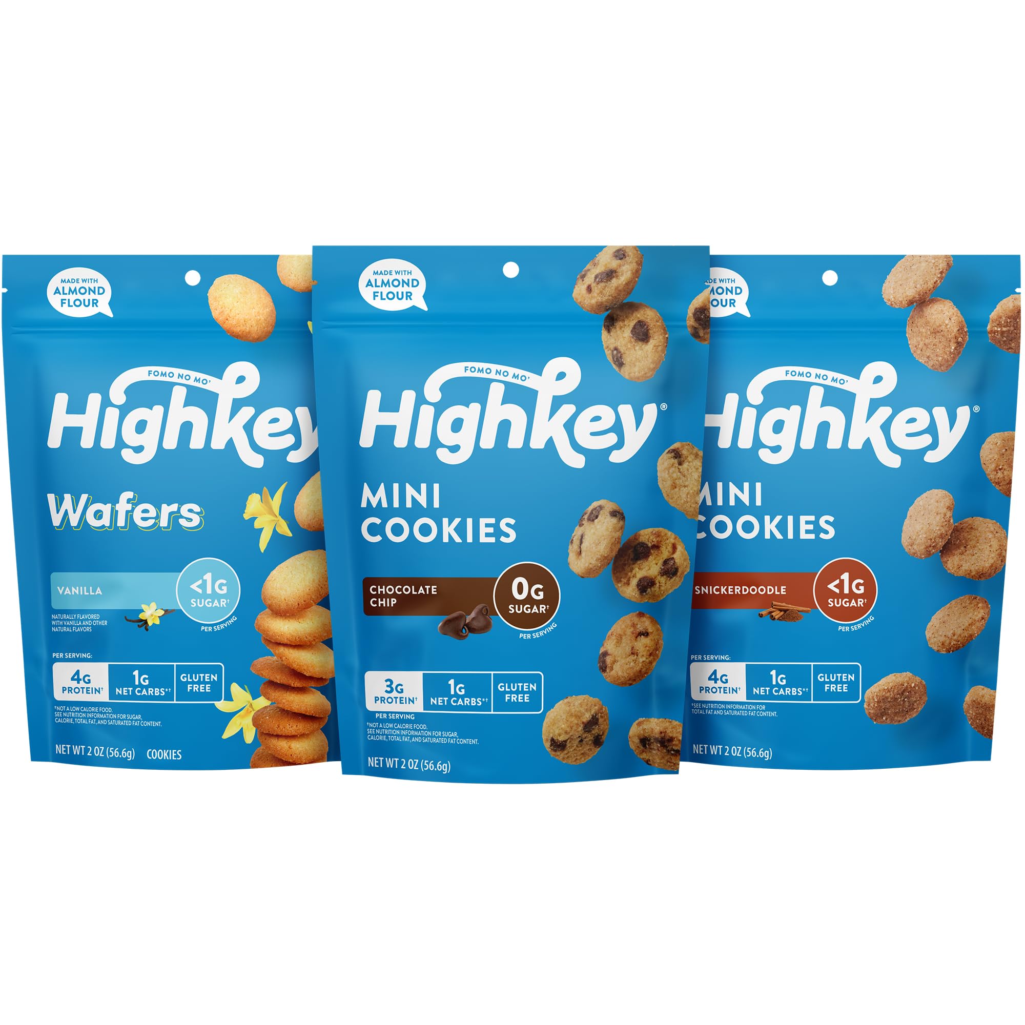 HighKey vista frontal del pack variado con tres sabores, práctico para snacks keto