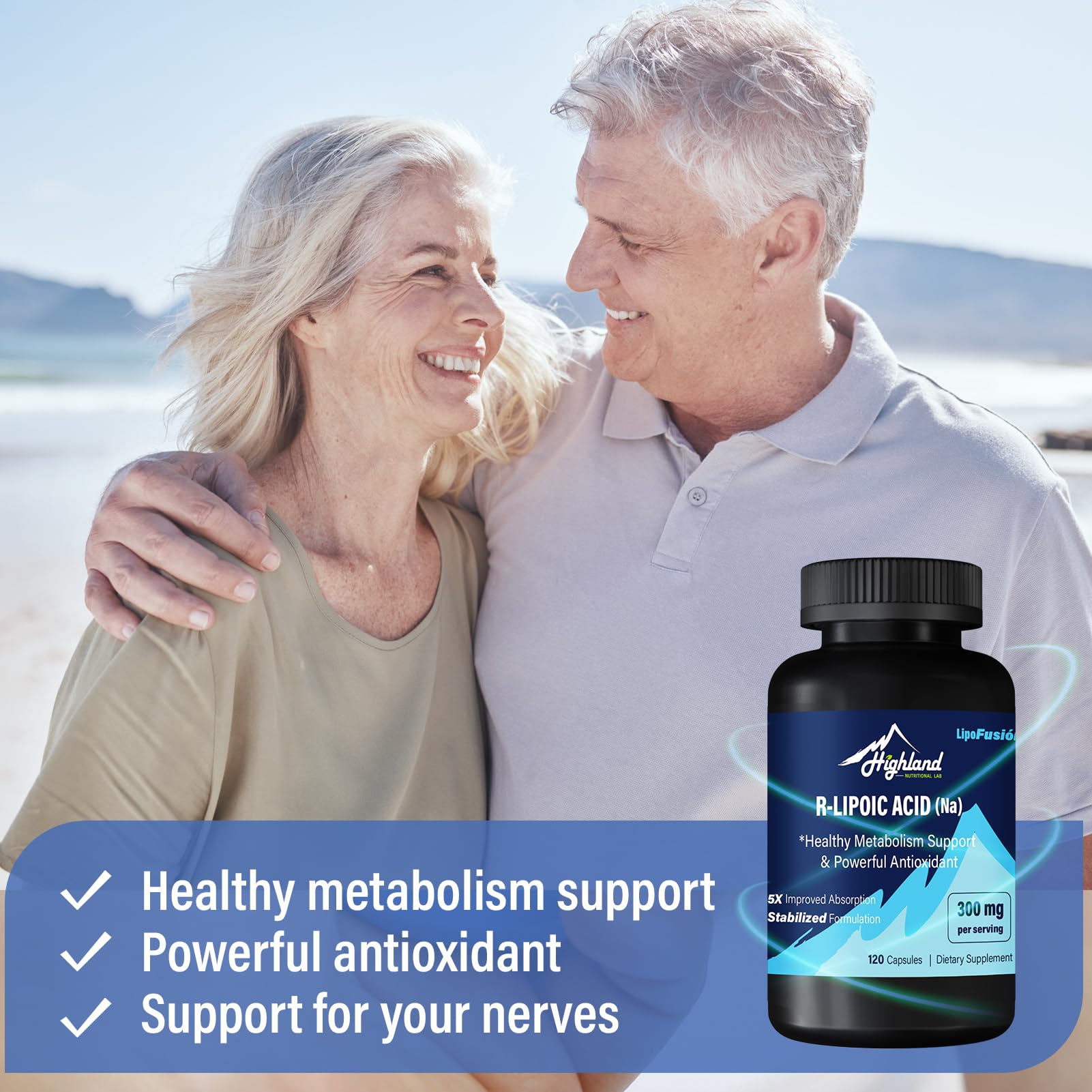Highland Nutritional Lab bote abierto con cápsulas enfatizando 300 mg por toma