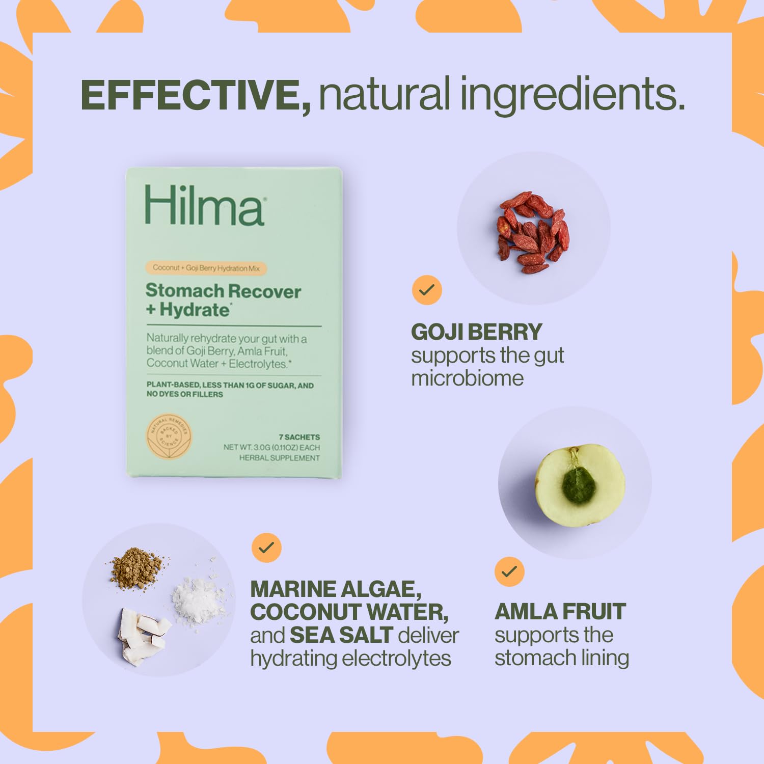 Hilma ingredientes naturales: goji, amla y agua de coco beneficiosos