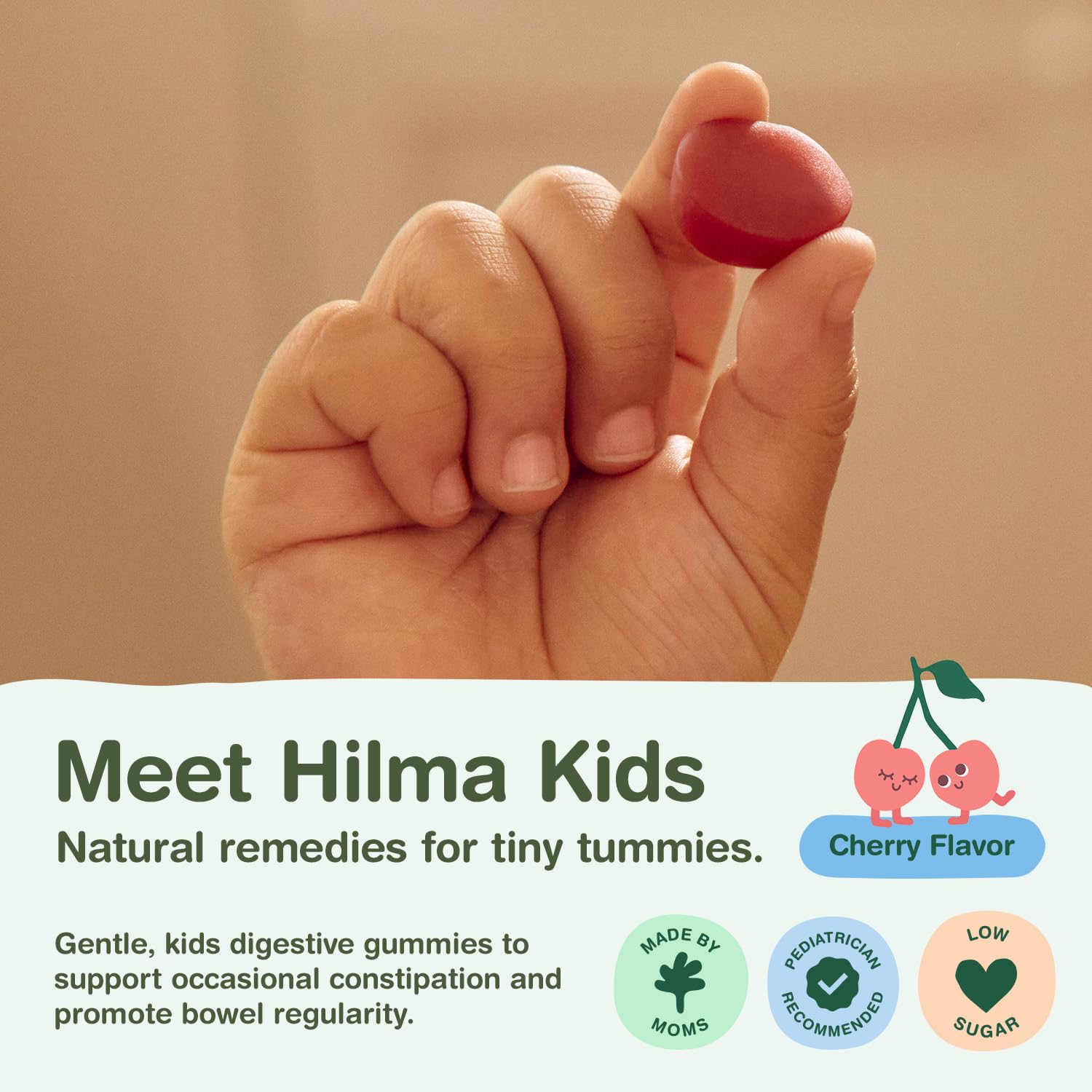 Hilma gomitas en mano para explicar dosis fácil y aceptación infantil