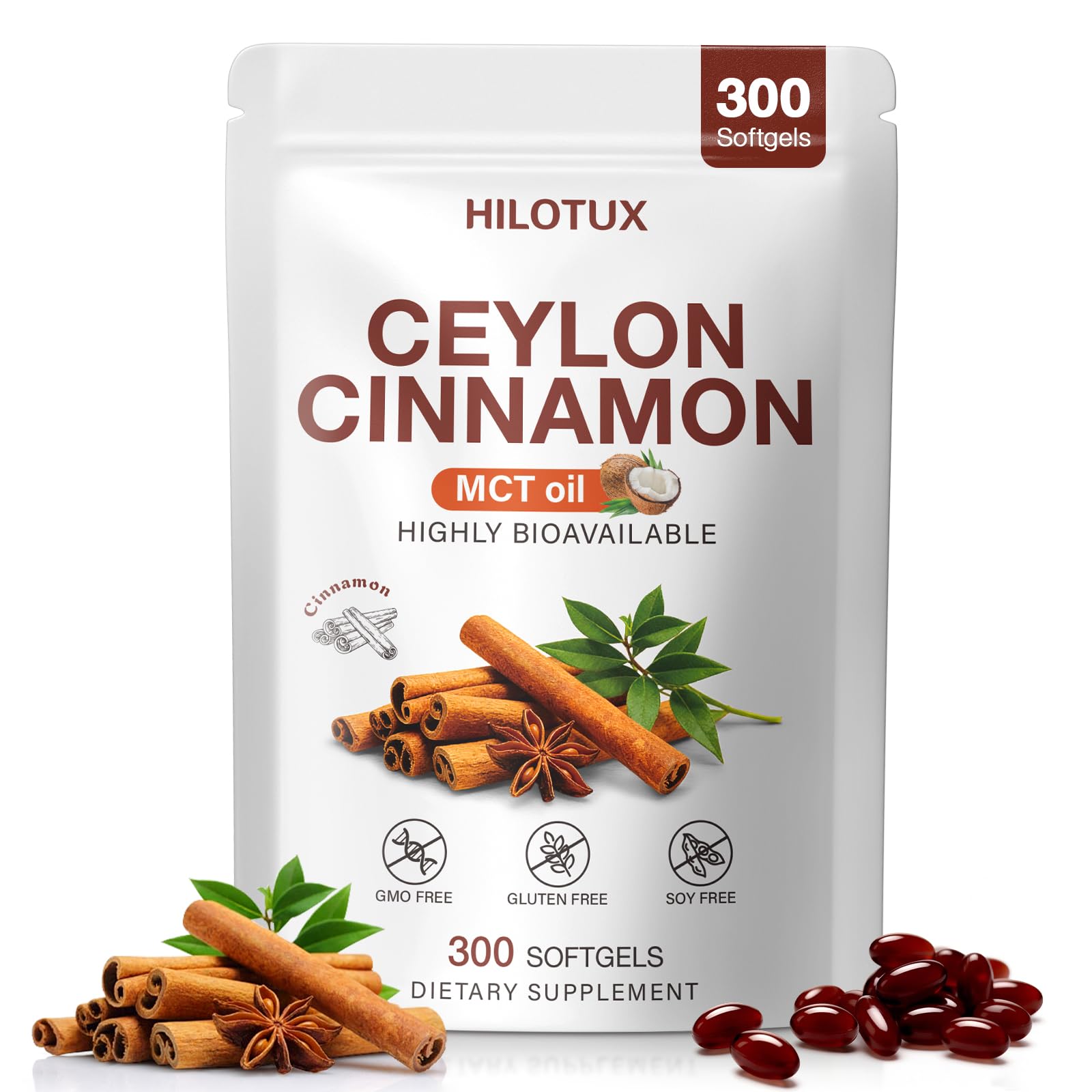 HILOTUX frente del empaque mostrando 300 softgels y beneficios