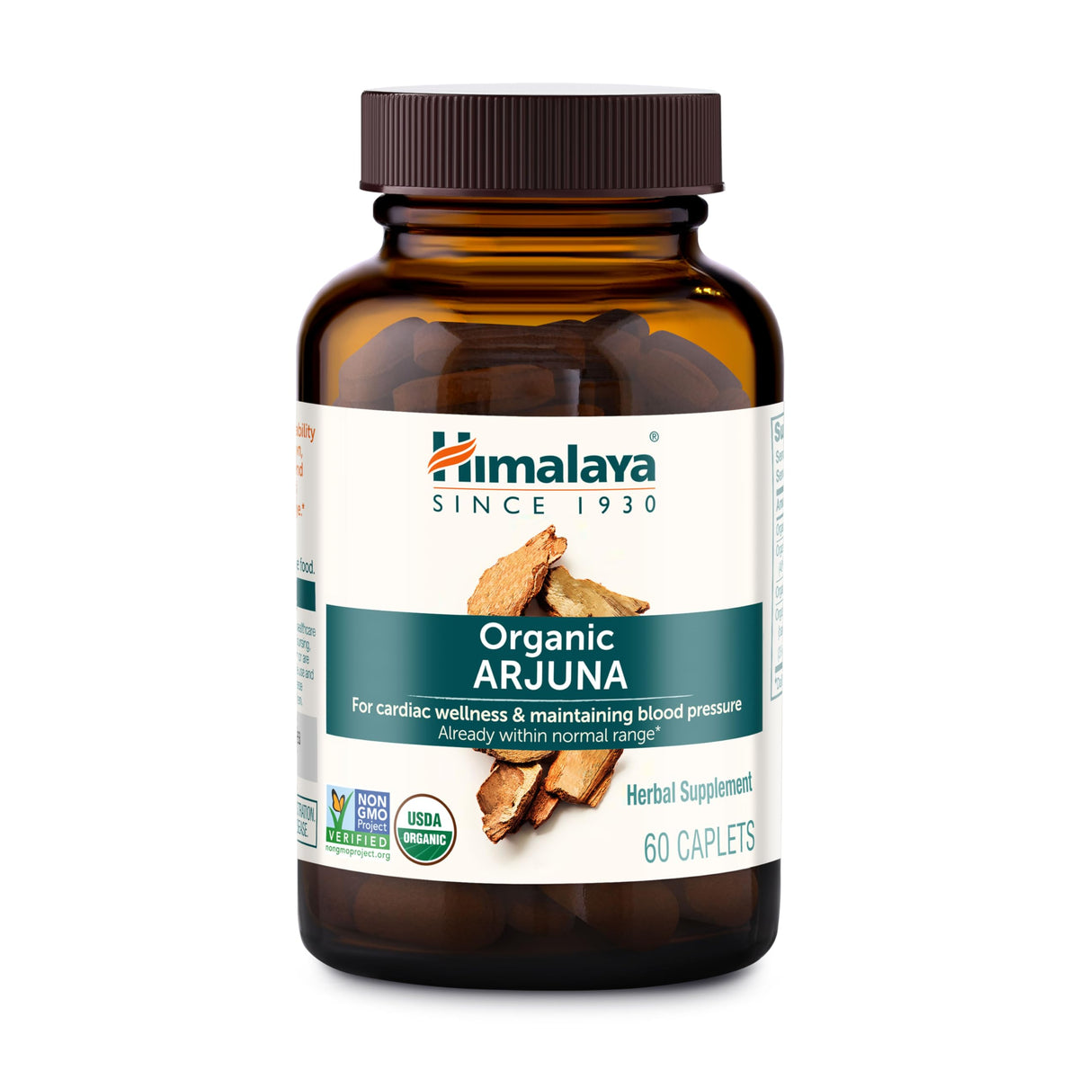 Himalaya Arjuna frontal del frasco mostrando certificado orgánico y beneficios