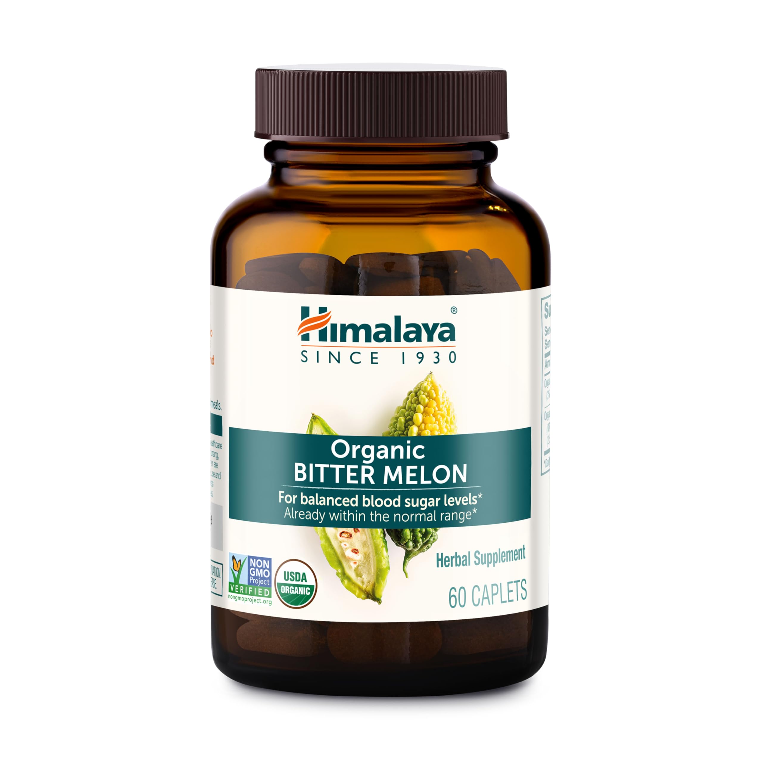 Himalaya botella frontal del suplemento Bitter Melon mostrando etiqueta orgánica y beneficios