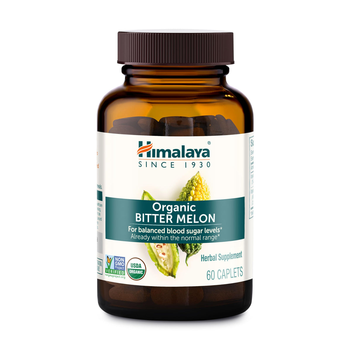 Himalaya botella frontal del suplemento Bitter Melon mostrando etiqueta orgánica y beneficios
