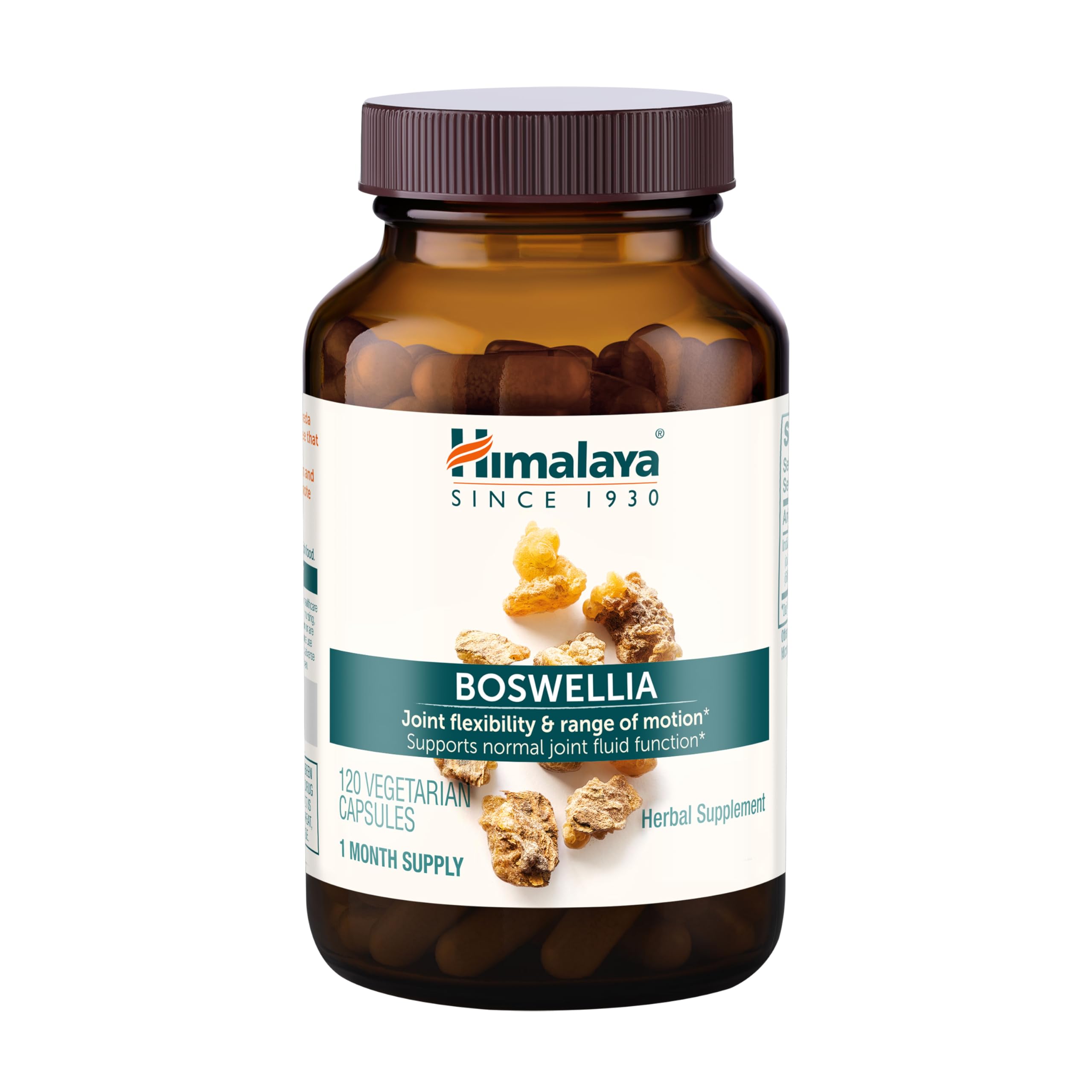 Himalaya envase frontal de Boswellia que muestra 120 cápsulas y beneficios claros