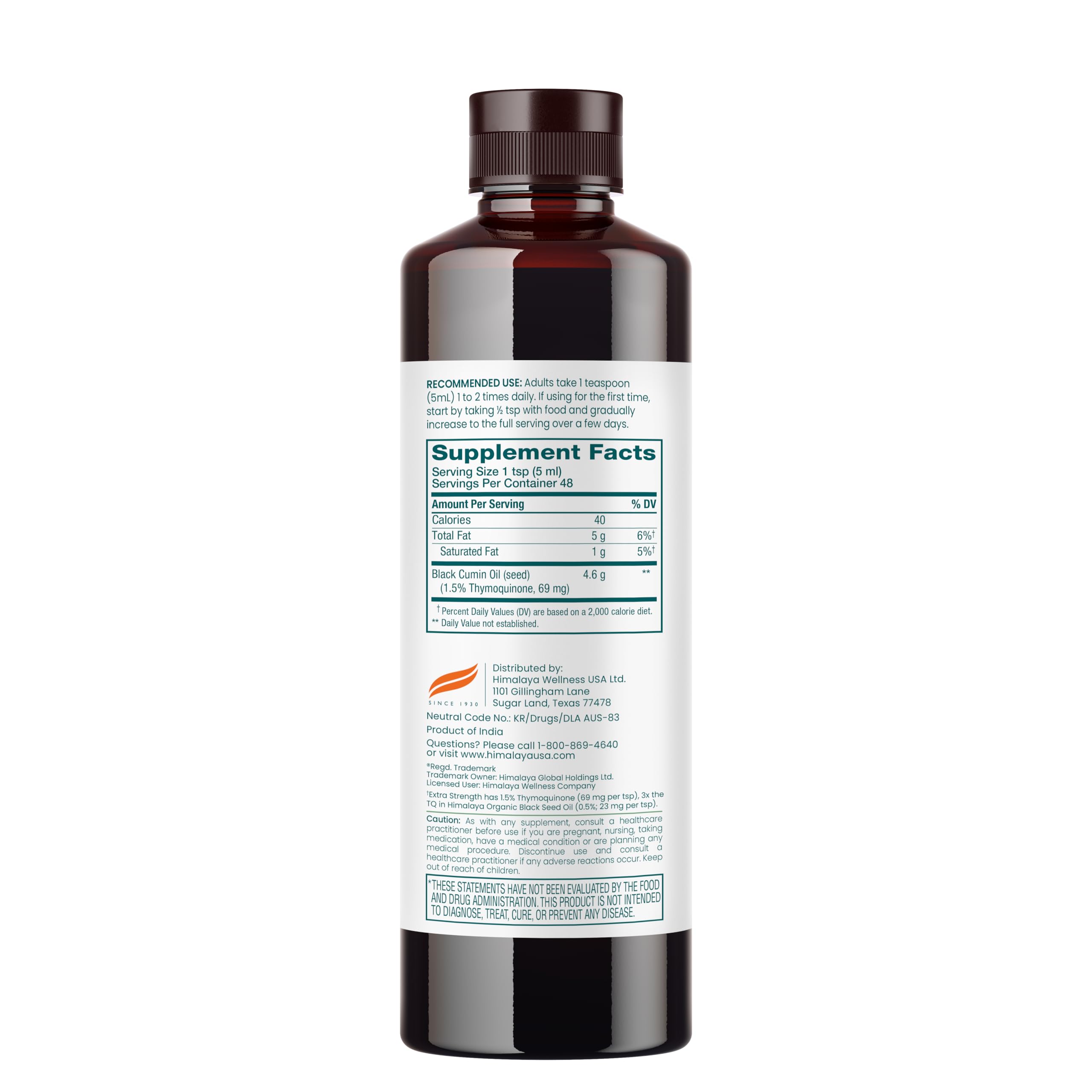 Himalaya etiqueta con indicación 1,5% timoquinona y dosis visible