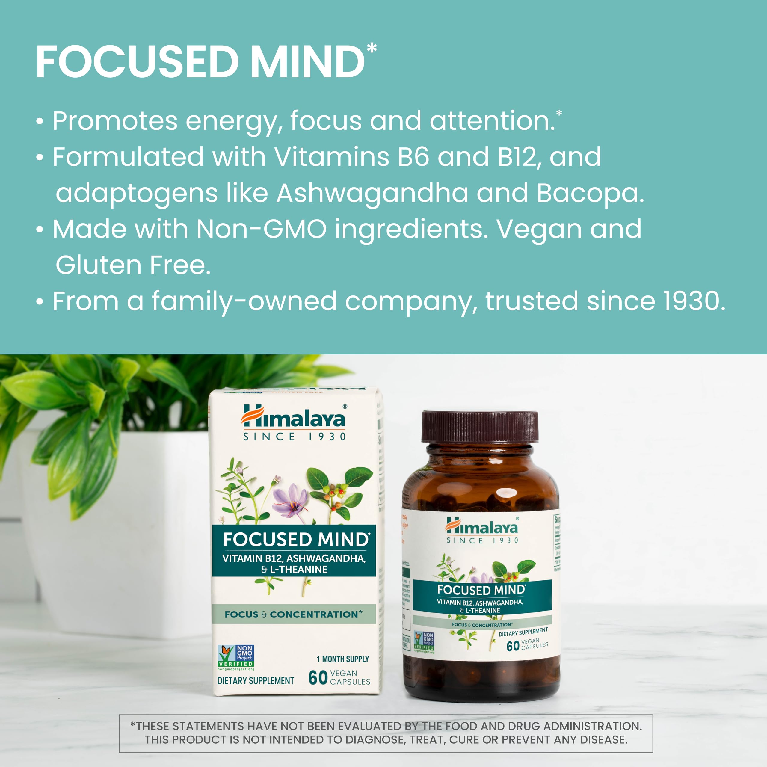 Himalaya Focused Mind polvo de extracto cercano resaltando ingredientes naturales