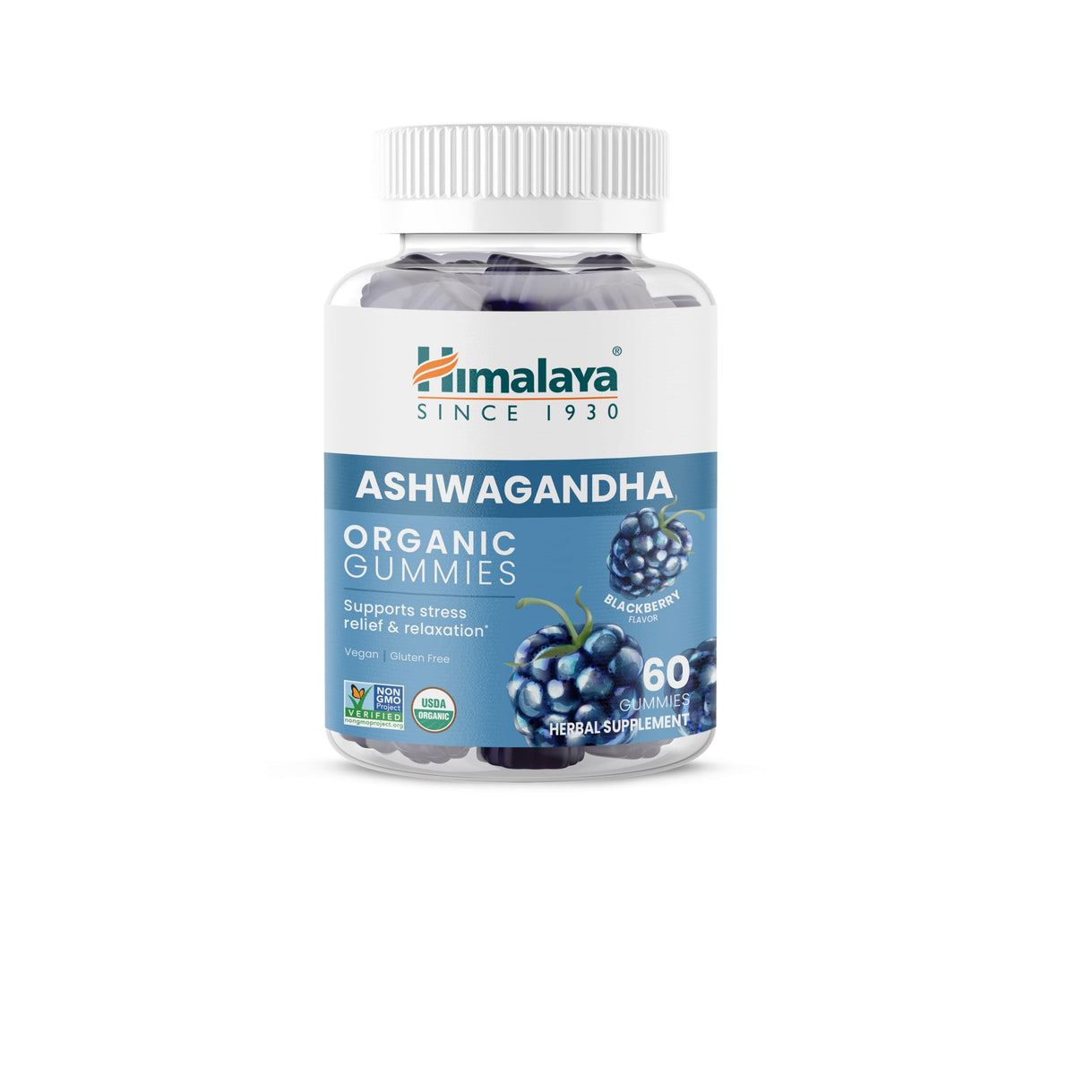 Himalaya frasco frontal de 60 gomitas con KSM-66, fácil identificación y conveniencia