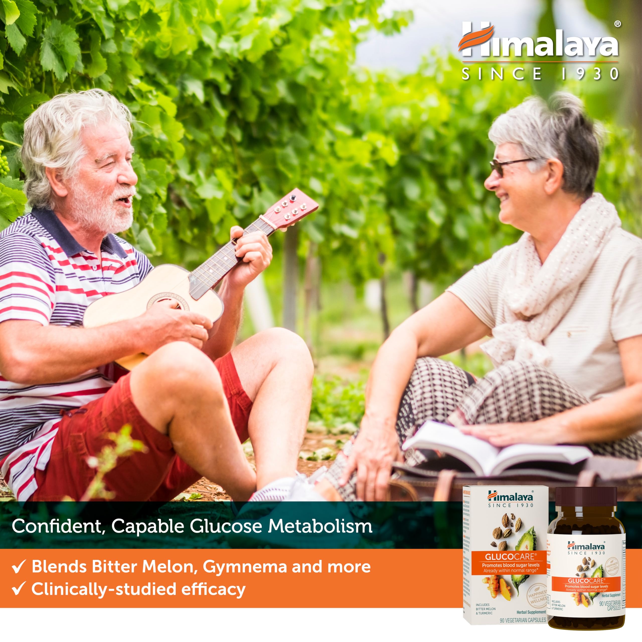 Himalaya GlucoCare caja abierta con botella que muestra formato de 180 cápsulas