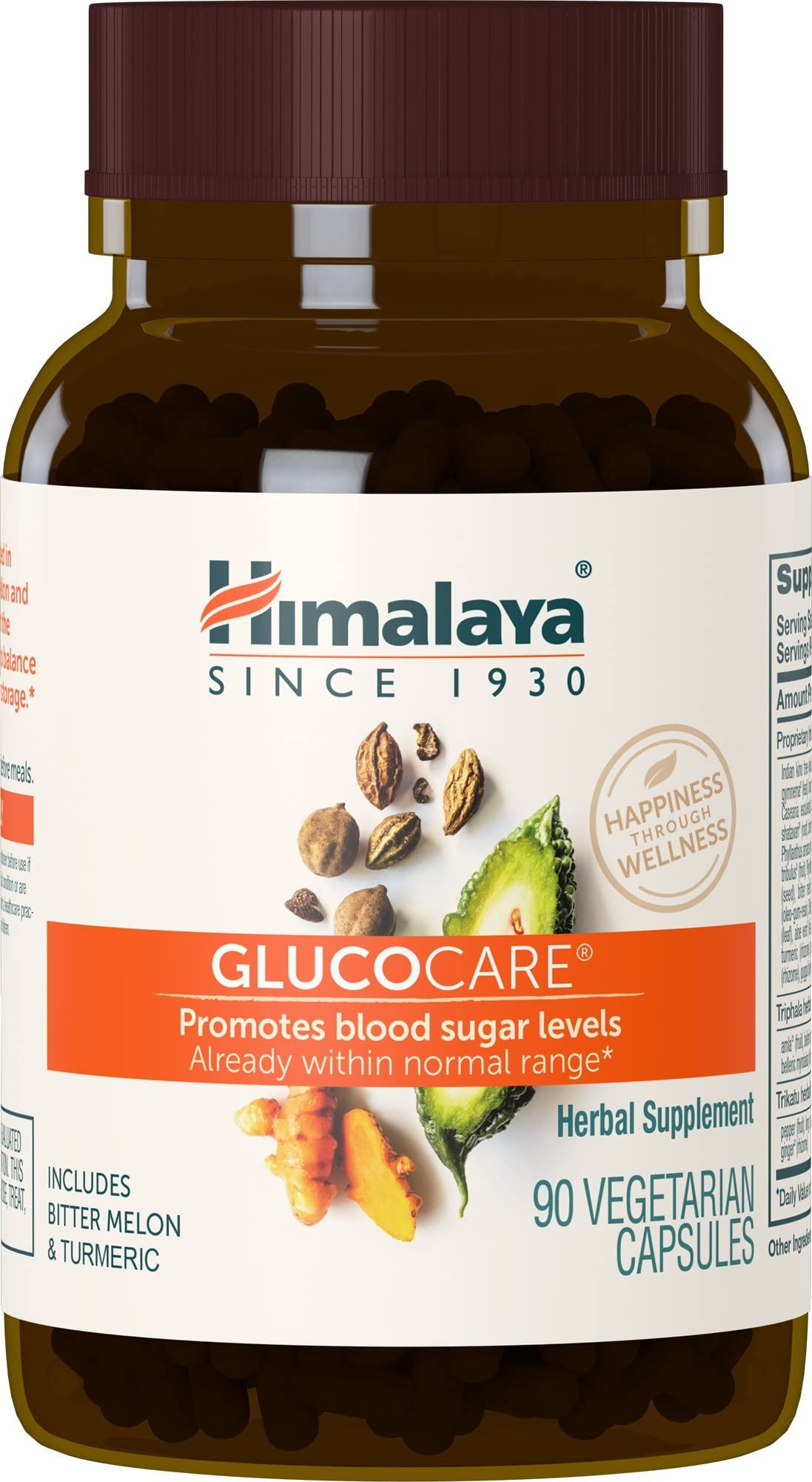 Himalaya GlucoCare vista frontal botella y cápsulas, apoyo natural diario