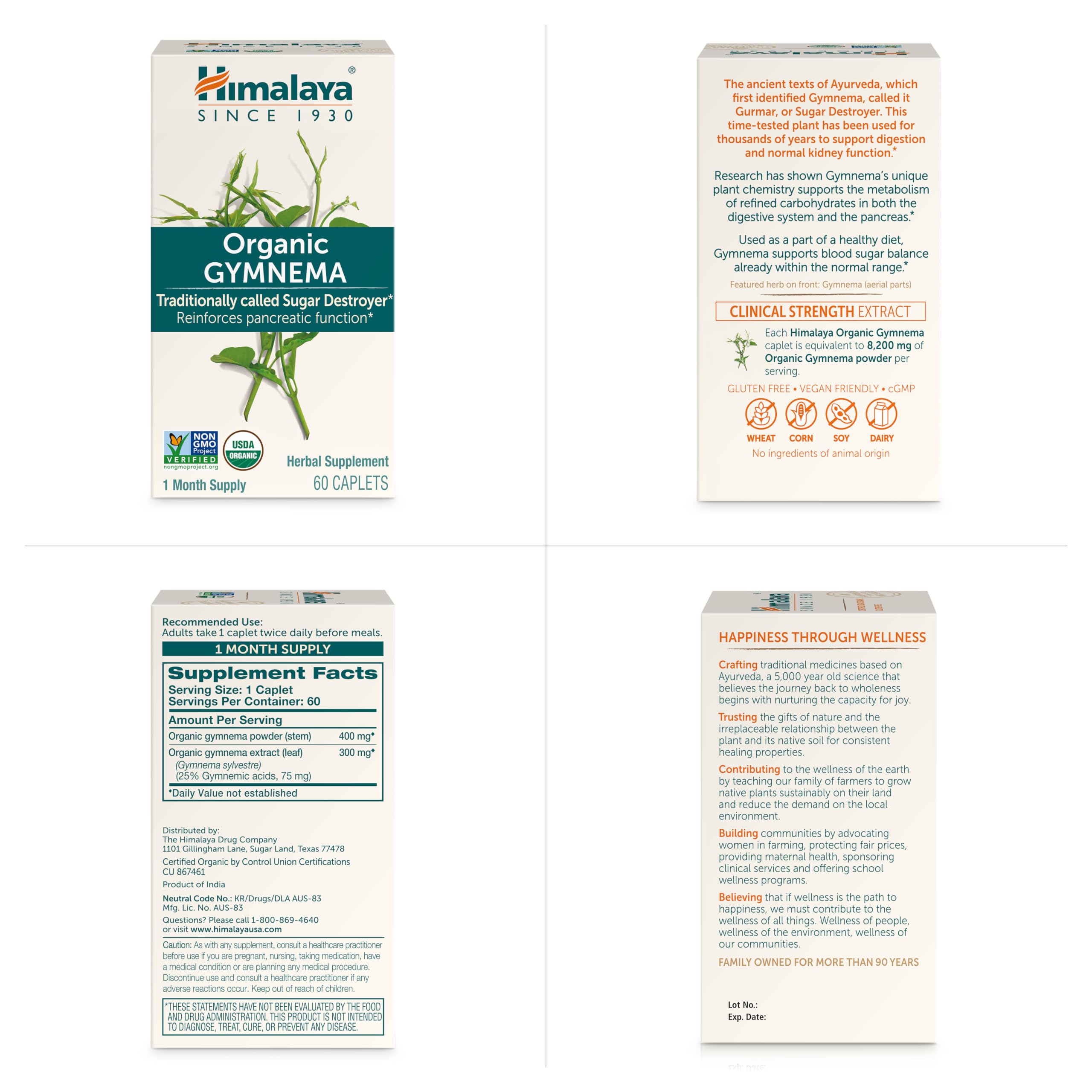 Himalaya frasco abierto con 60 caplets visible para duración del suministro