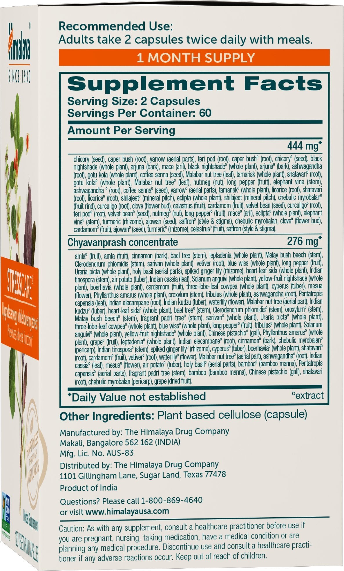 Himalaya StressCare cápsula en mano para apreciar tamaño y dosificación