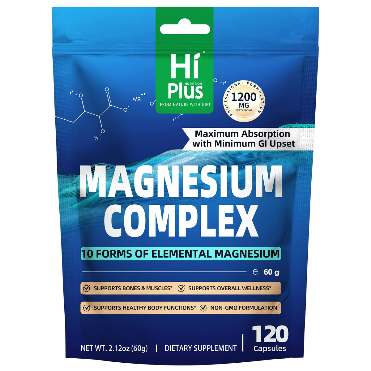 HiPlus frontal del empaque mostrando fórmula vegana y 1200 mg por servicio
