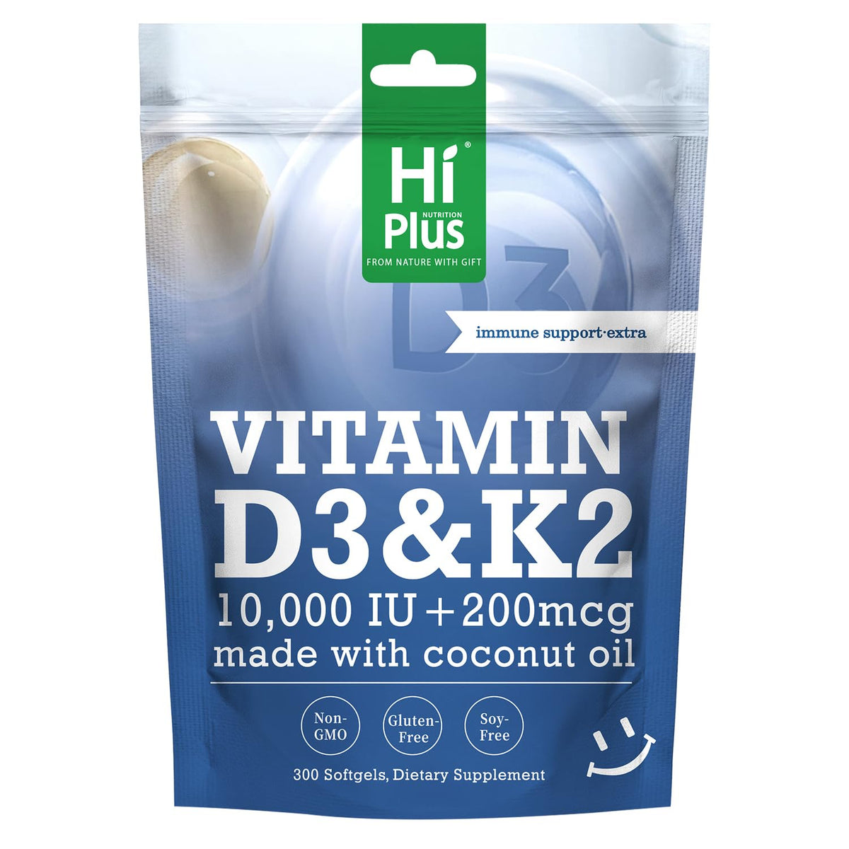 HiPlus frente del empaque mostrando 300 softgels y beneficios
