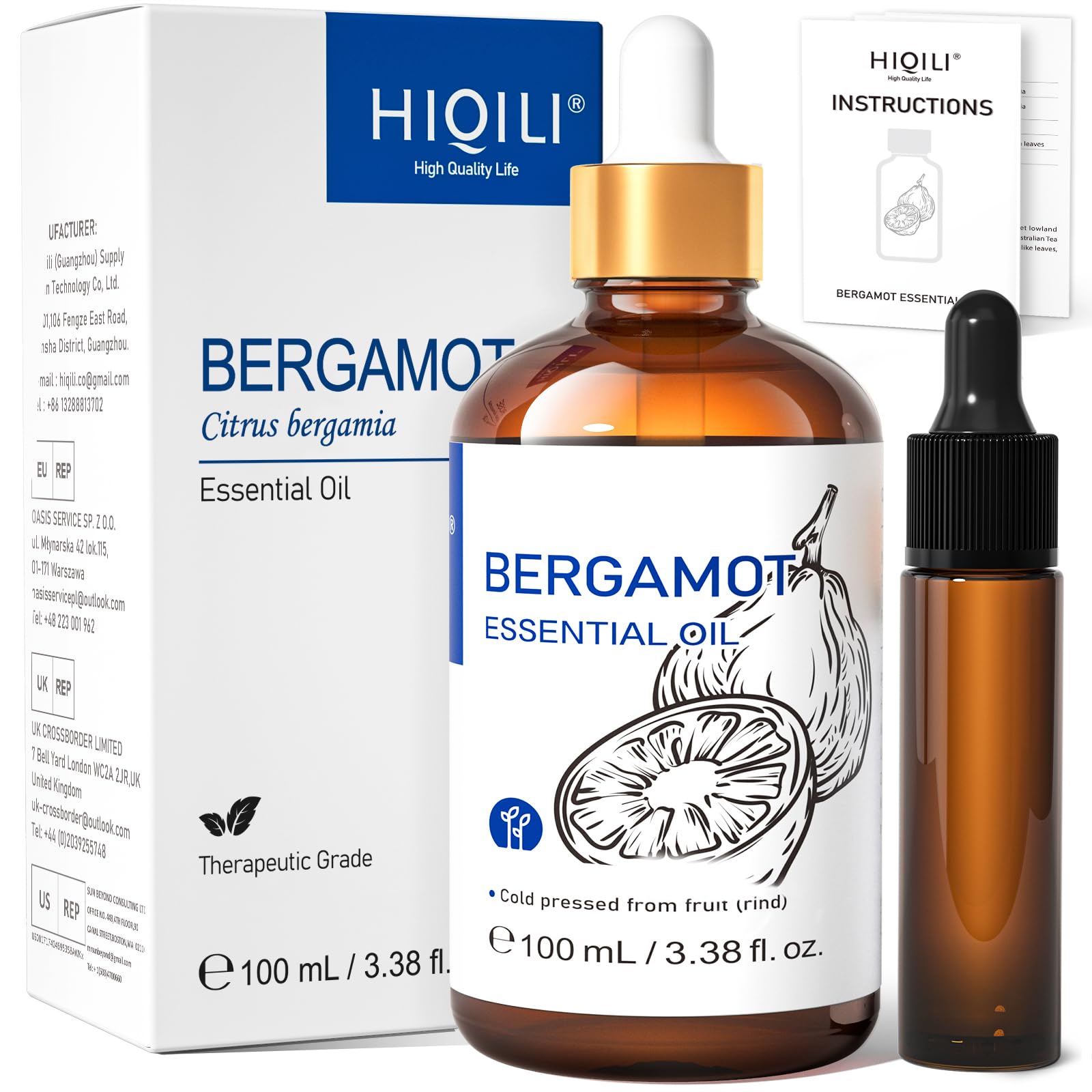 HIQILI frasco frontal ámbar con aceite de bergamota mostrando presentación segura