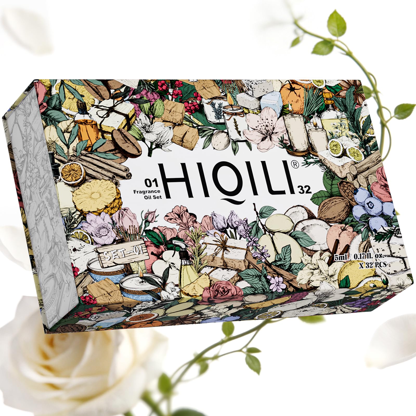 HIQILI estuche frontal mostrando 32 fragancias, presenta regalo elegante y exploración fácil
