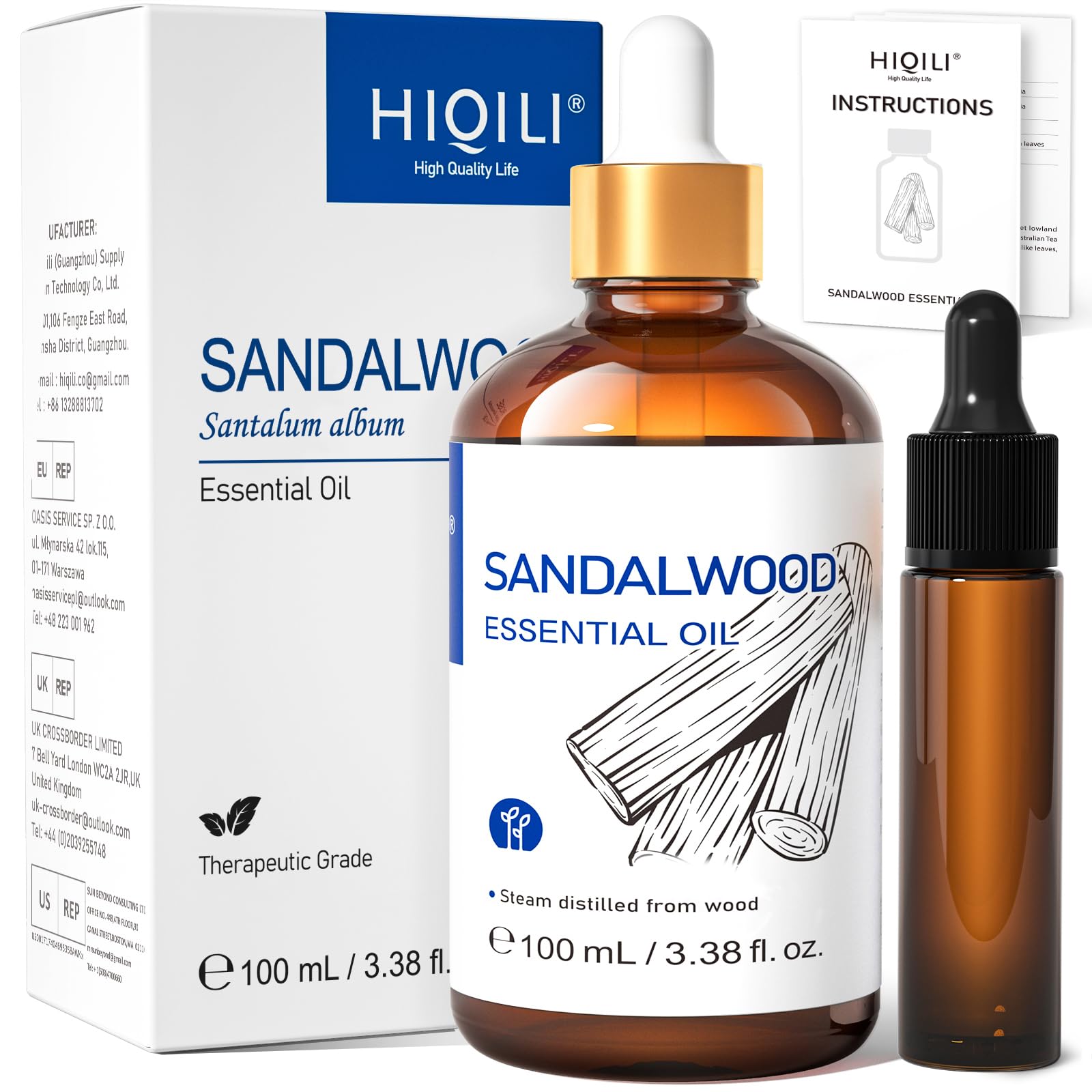 HIQILI frasco 10 ml de sándalo mostrando etiqueta y beneficio aromático