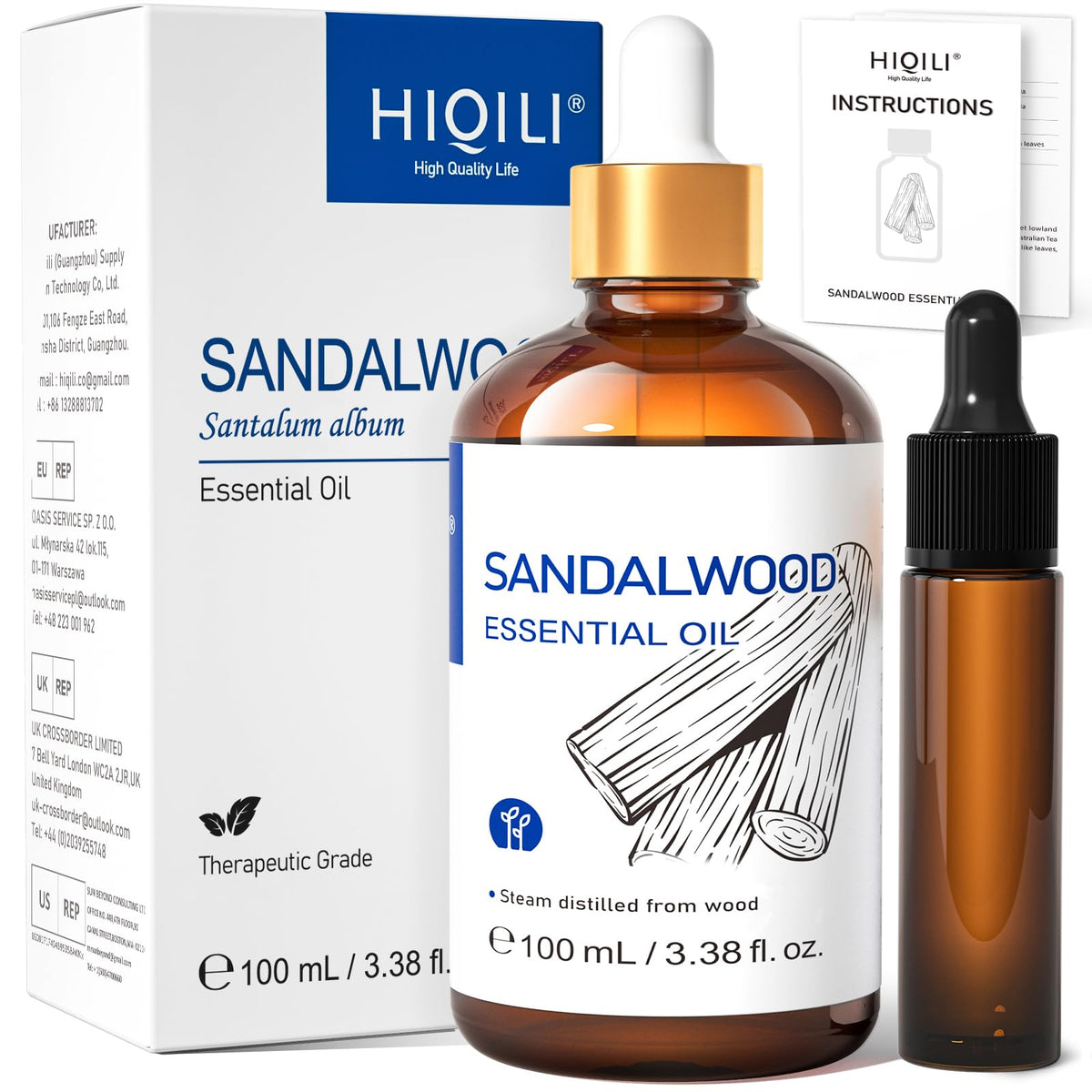 HIQILI frasco 10 ml de sándalo mostrando etiqueta y beneficio aromático
