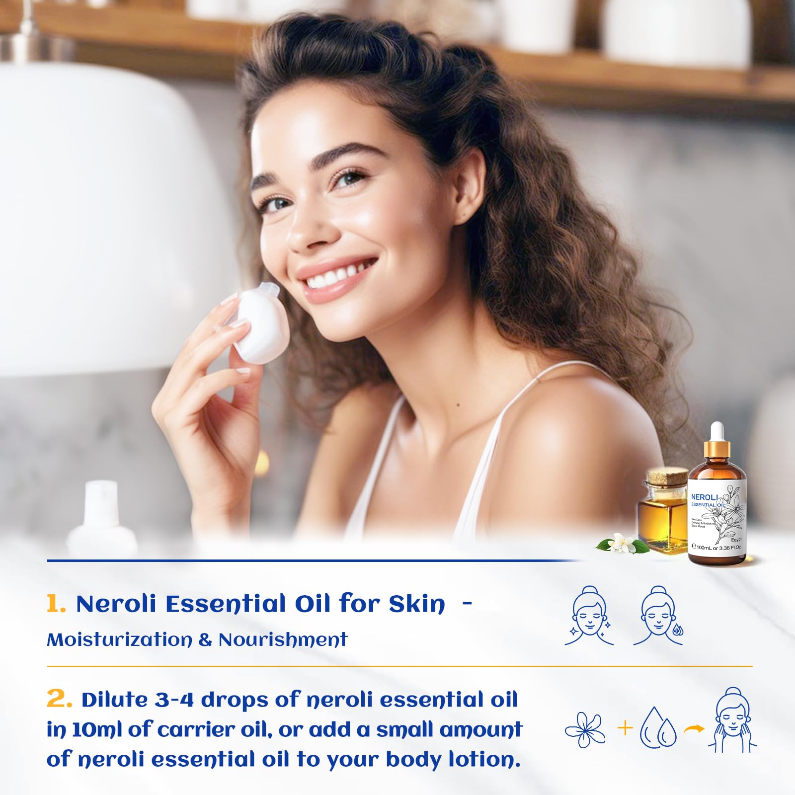 HIQILI gota de neroli sobre palma mostrando pureza y textura ligera