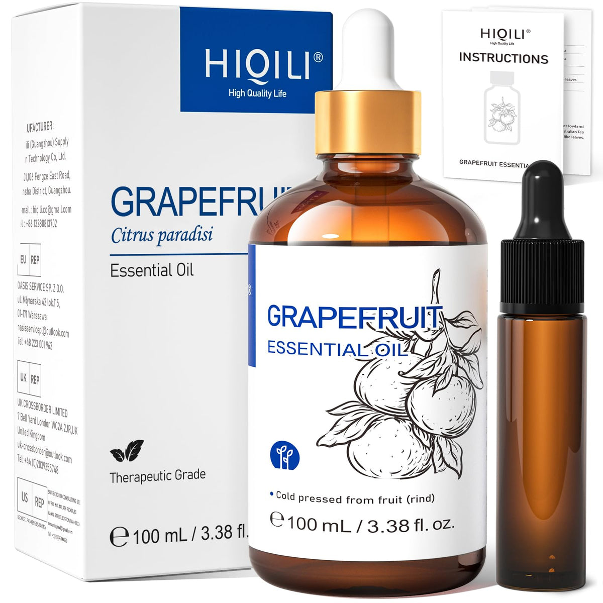 HIQILI frasco frontal ámbar mostrando etiqueta y capacidad 10 ml, ideal para viajar