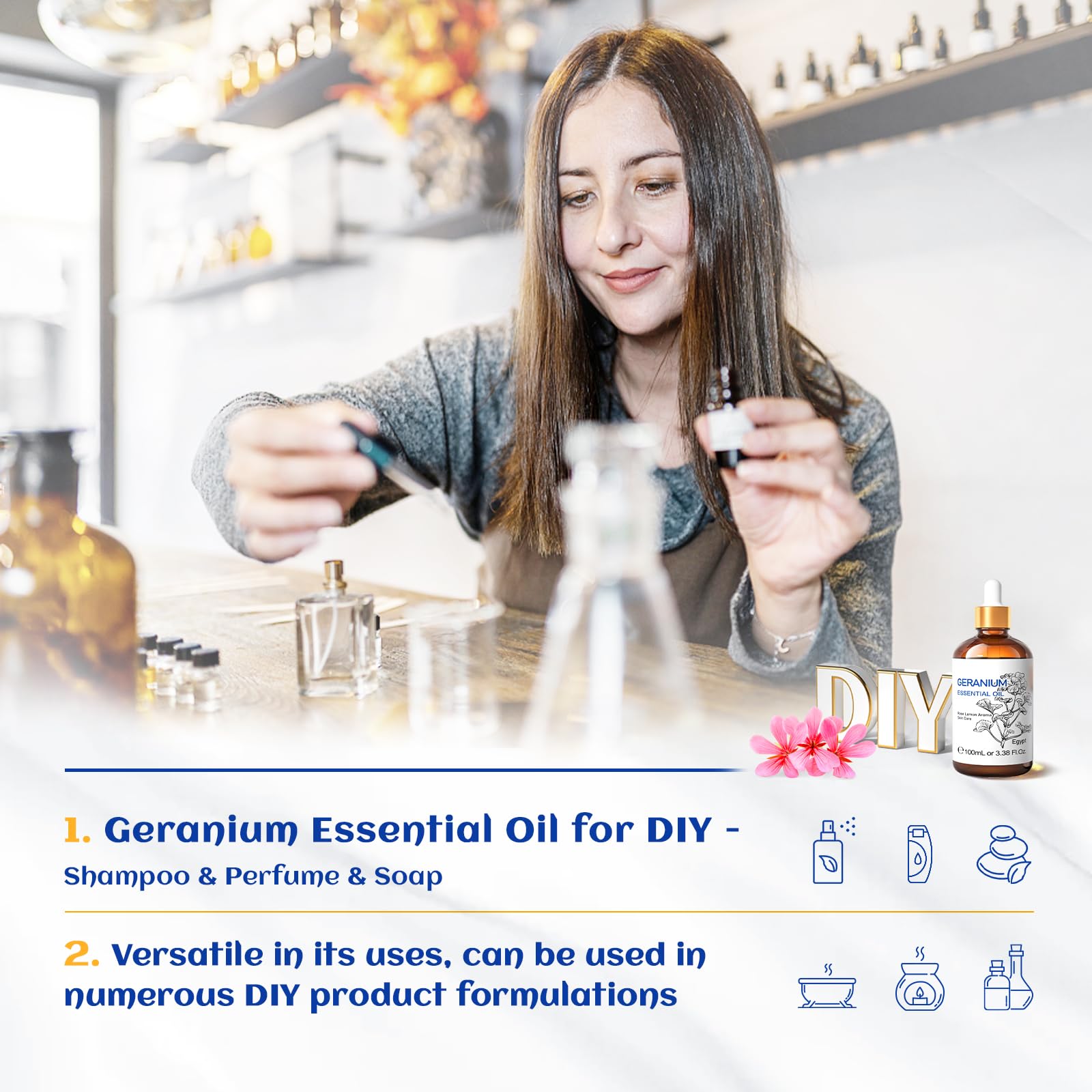 HIQILI aceite de geranio en difusor creando ambiente relajante