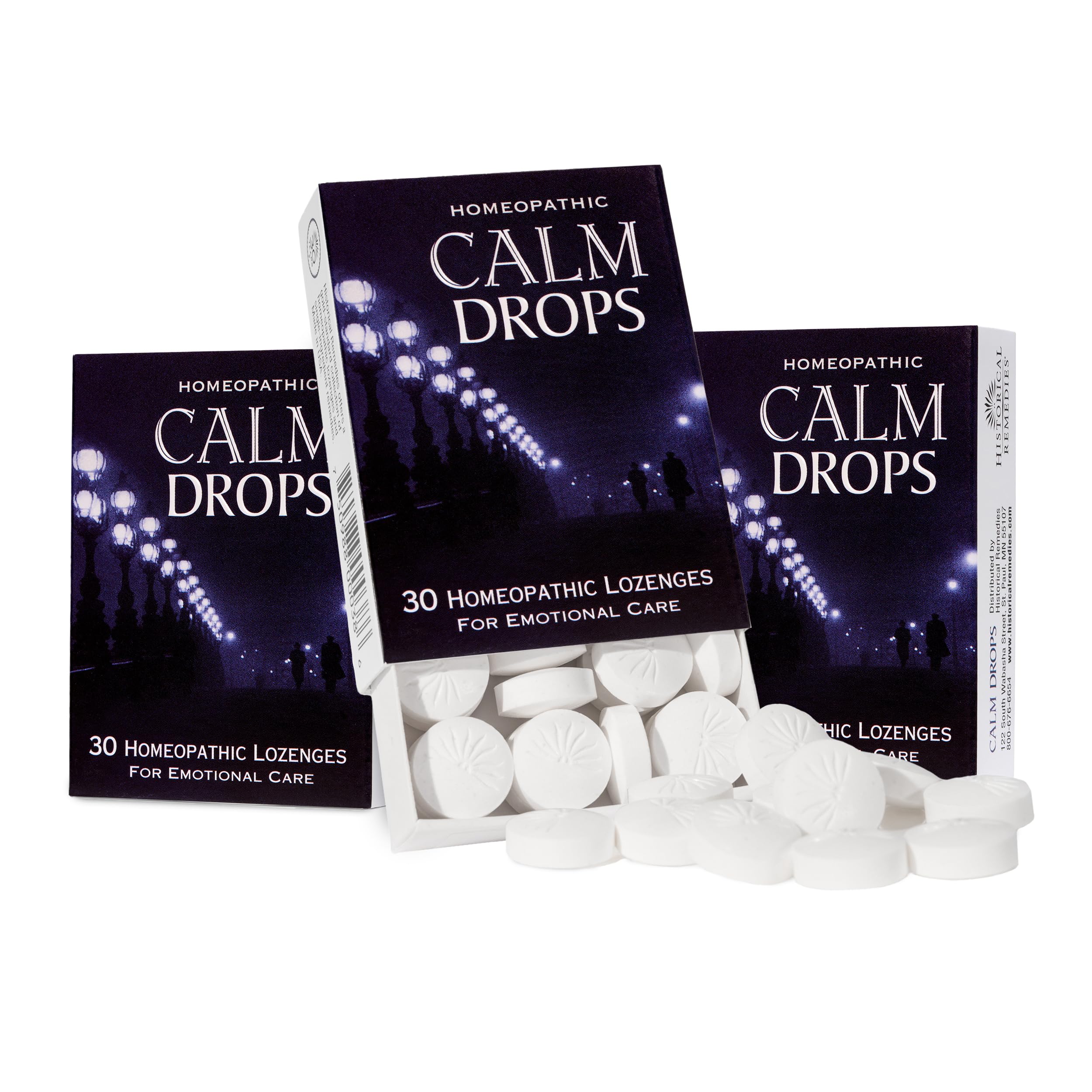 Historical Remedies envase frontal de Calm Drops mostrando diseño y sabor vainilla orgánica, beneficio conveniencia