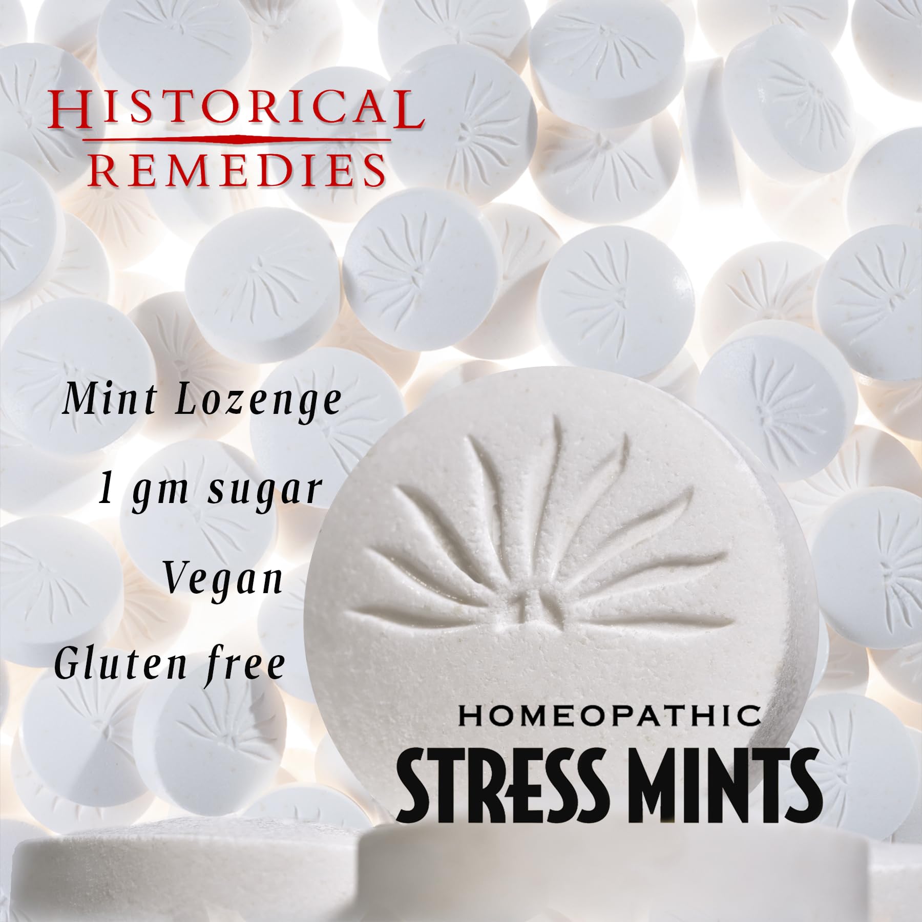 Historical Remedies primer plano de una pastilla mostrando textura y pureza