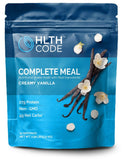 HLTH CODE envase frontal del batido vainilla cremosa mostrando porciones