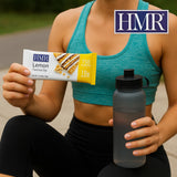 Etiqueta de ingredientes de HMR bar lemon en primer plano, HMR transparencia nutricional