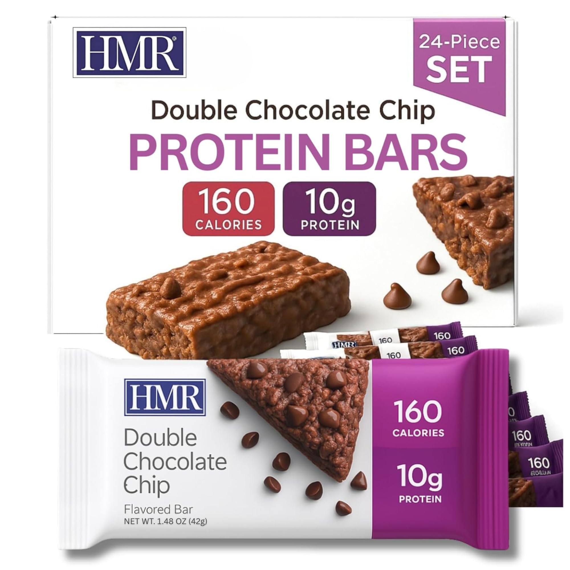 HMR paquete de 24 barras Double Chocolate Chip frontal y visible para almacenamiento