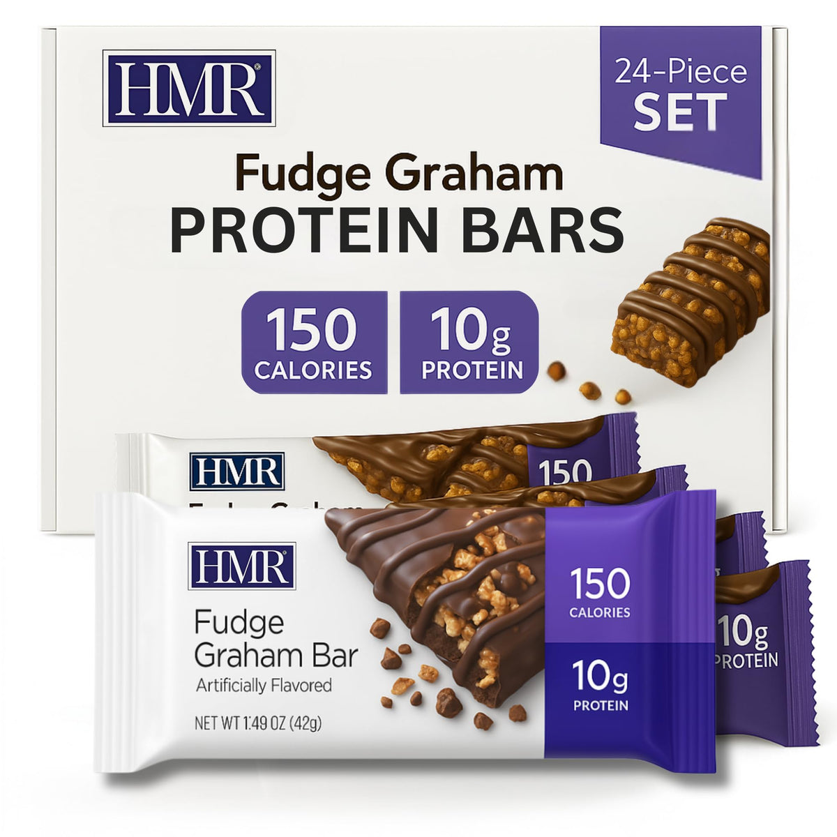 HMR empaque frontal de Fudge Graham que muestra 24 barras y conveniencia