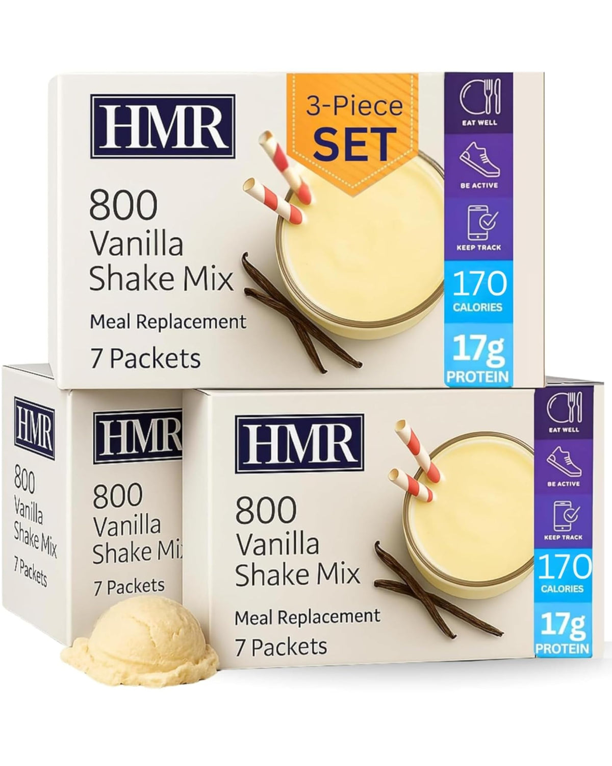 HMR pack frontal de tres envases sabor vainilla mostrando etiquetas claras y porciones