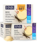 HMR pack frontal de tres envases sabor vainilla mostrando etiquetas claras y porciones
