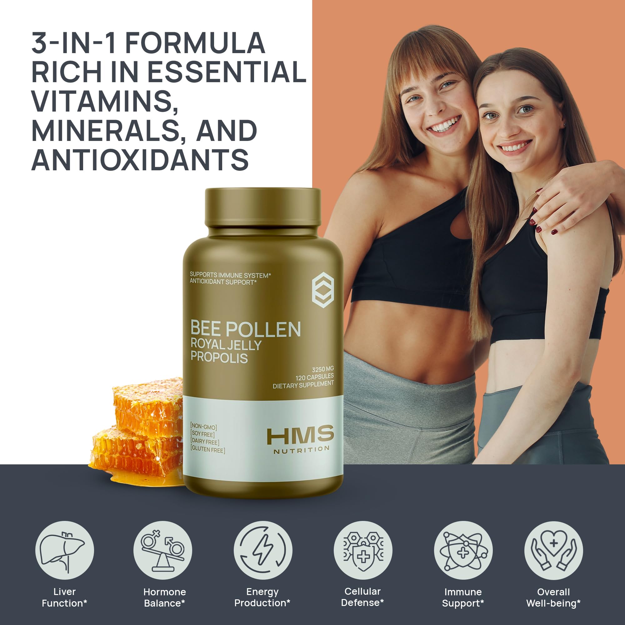Etiqueta HMS Nutrition con ingredientes y dosis, información clara y trazable