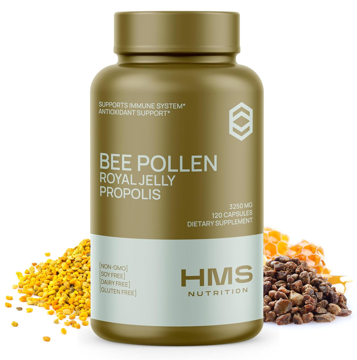 HMS Nutrition frasco frontal con 120 cápsulas, práctico para uso diario