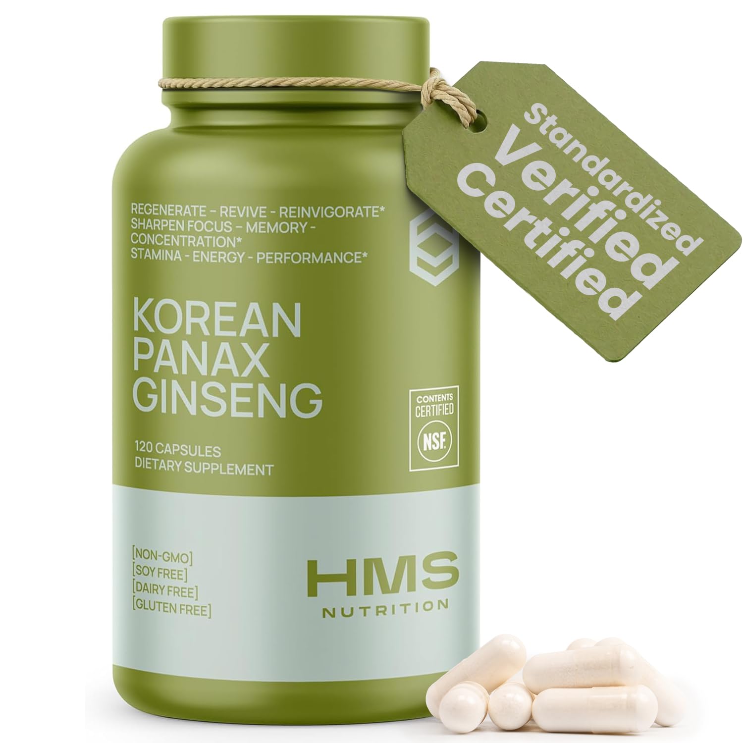 HMS Nutrition envase frontal mostrando ginseng y beneficios de energía
