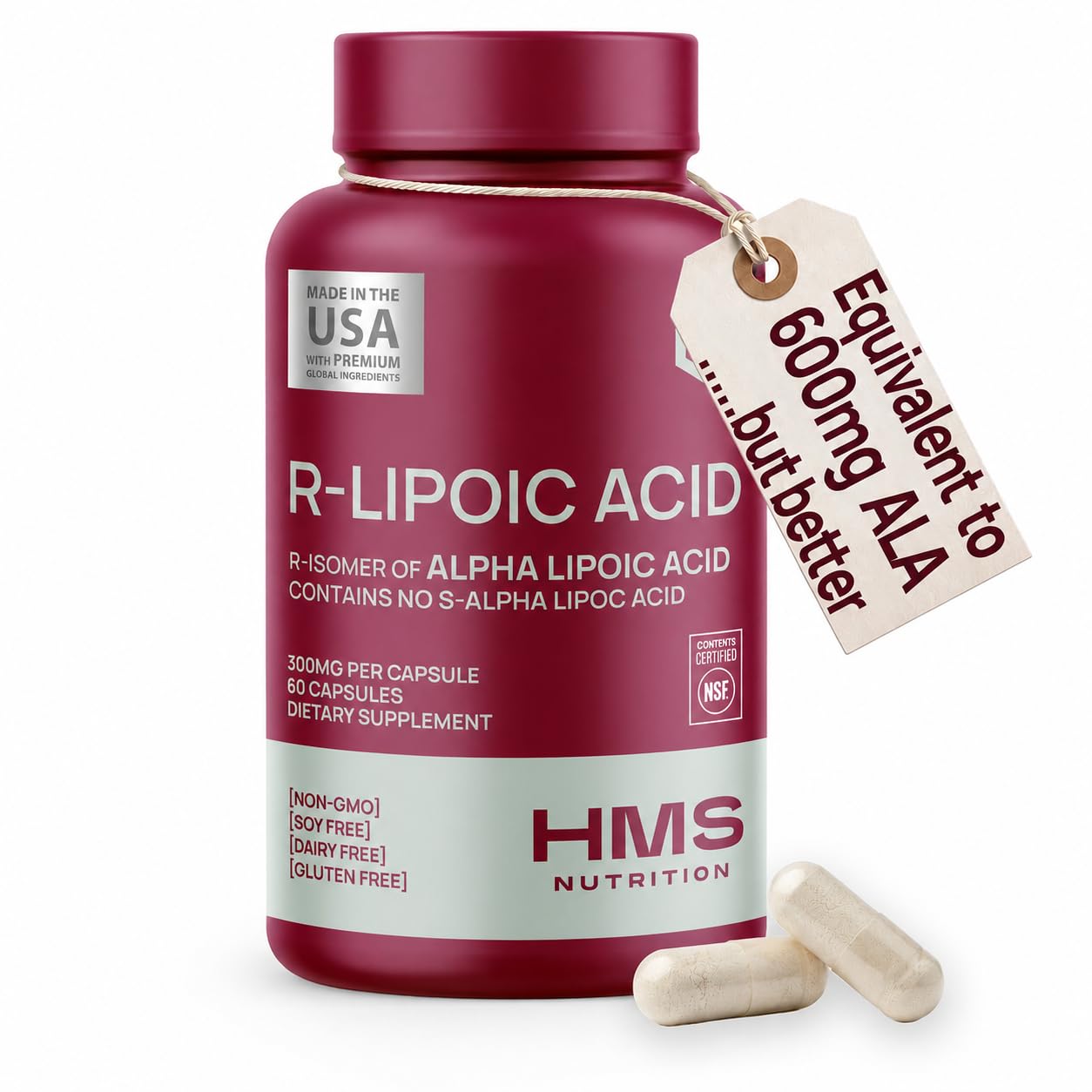 HMS Nutrition empaque frontal mostrando la fórmula R-ALA y beneficio antioxidante